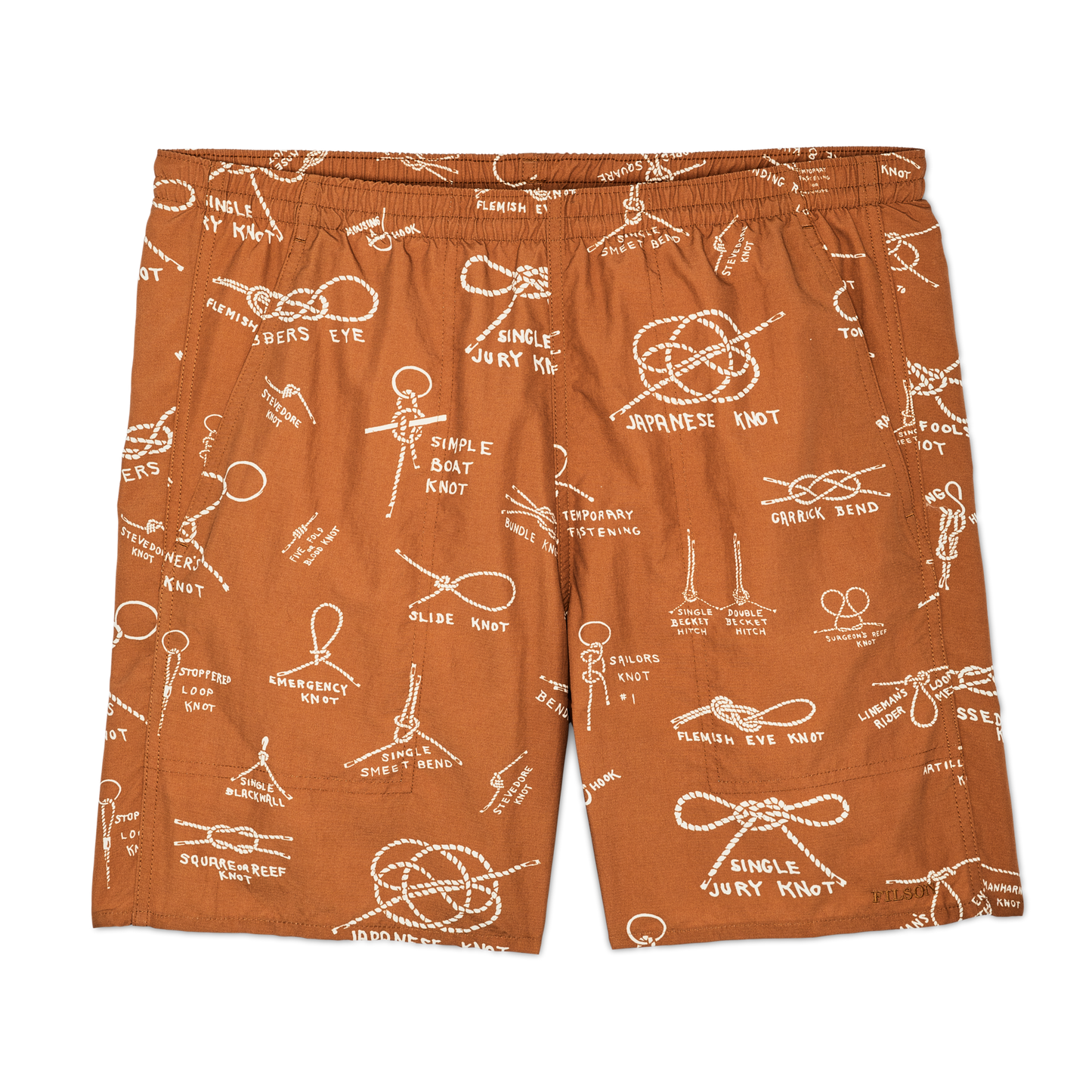 Front-facing image of the Filson Oxbow Lake Trunks - Bourbon / Knots