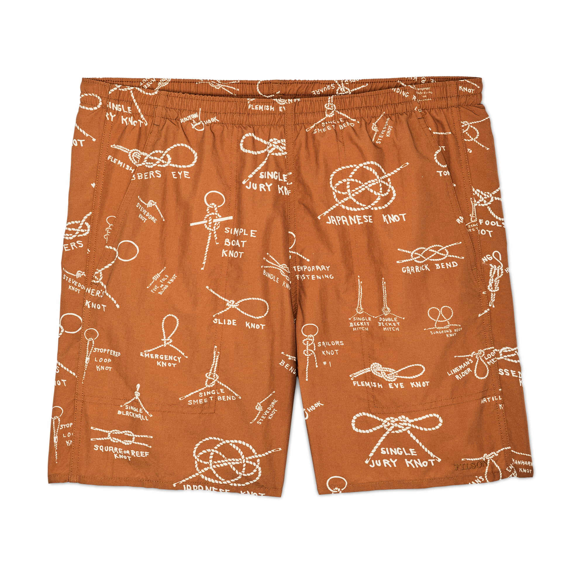 Front-facing image of the Filson Oxbow Lake Trunks - Bourbon / Knots