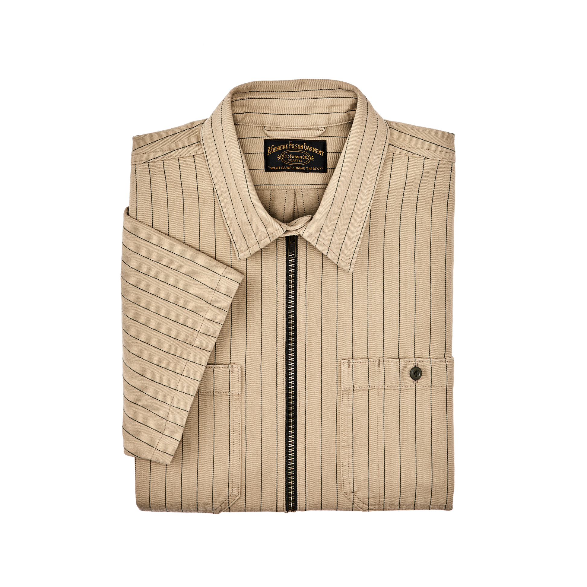 Alternate view of the Filson Short Sleeve Mechanic Shirt - Tan Herringbone/ Green Stripe