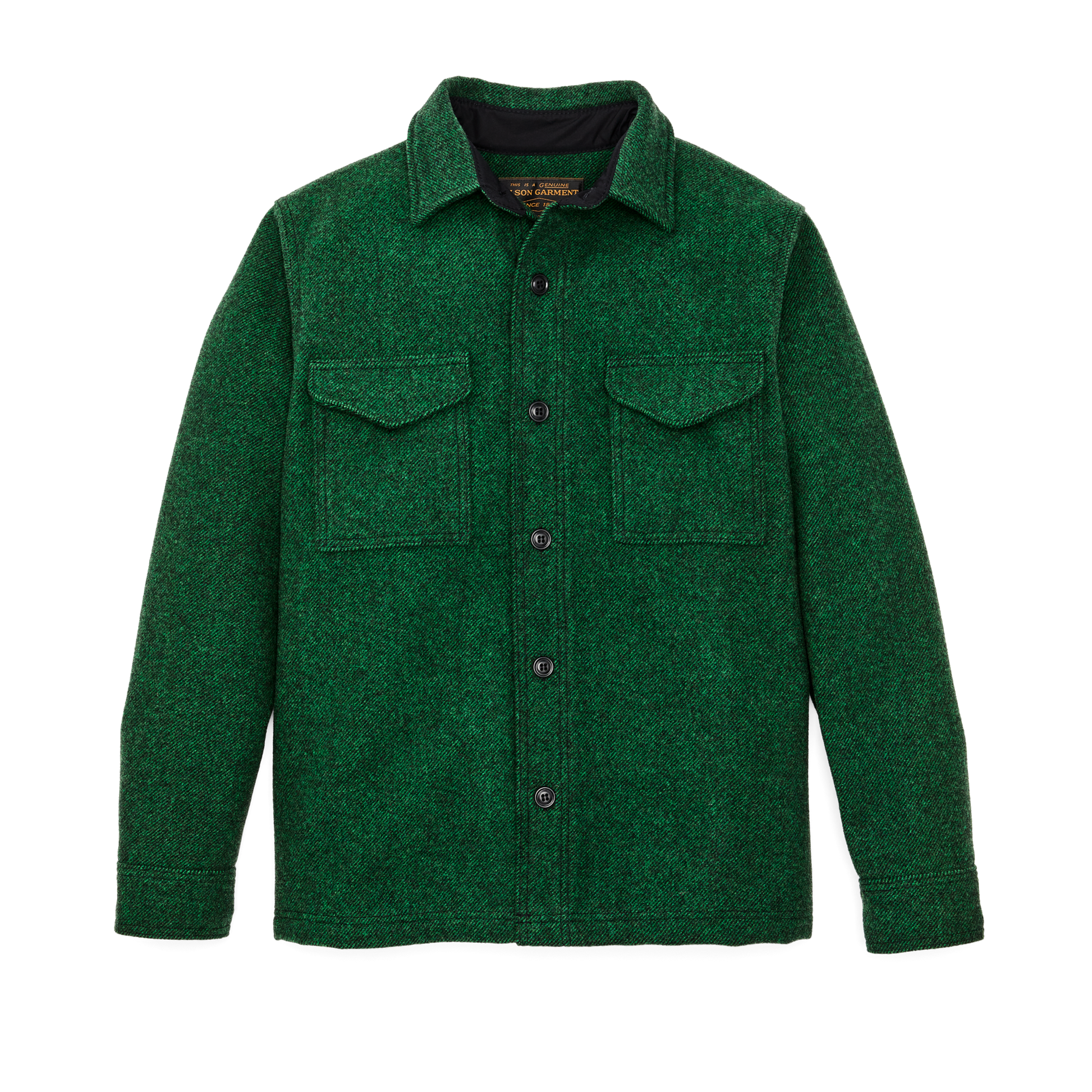 Front-facing image of the Filson Mackinaw Wool Jac-shirt - Kelly Green / Black Twill