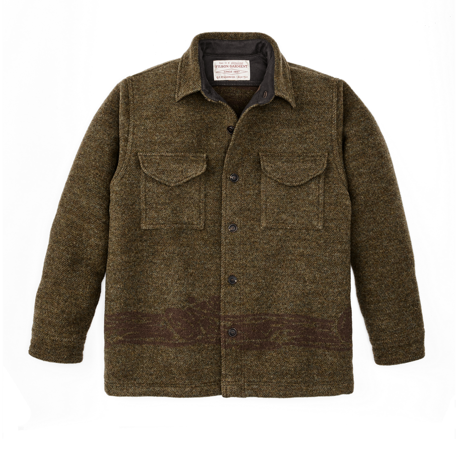 Front-facing image of the Filson Ccc Jacquard Wool  Jac-shirt - Olive Brown Multi