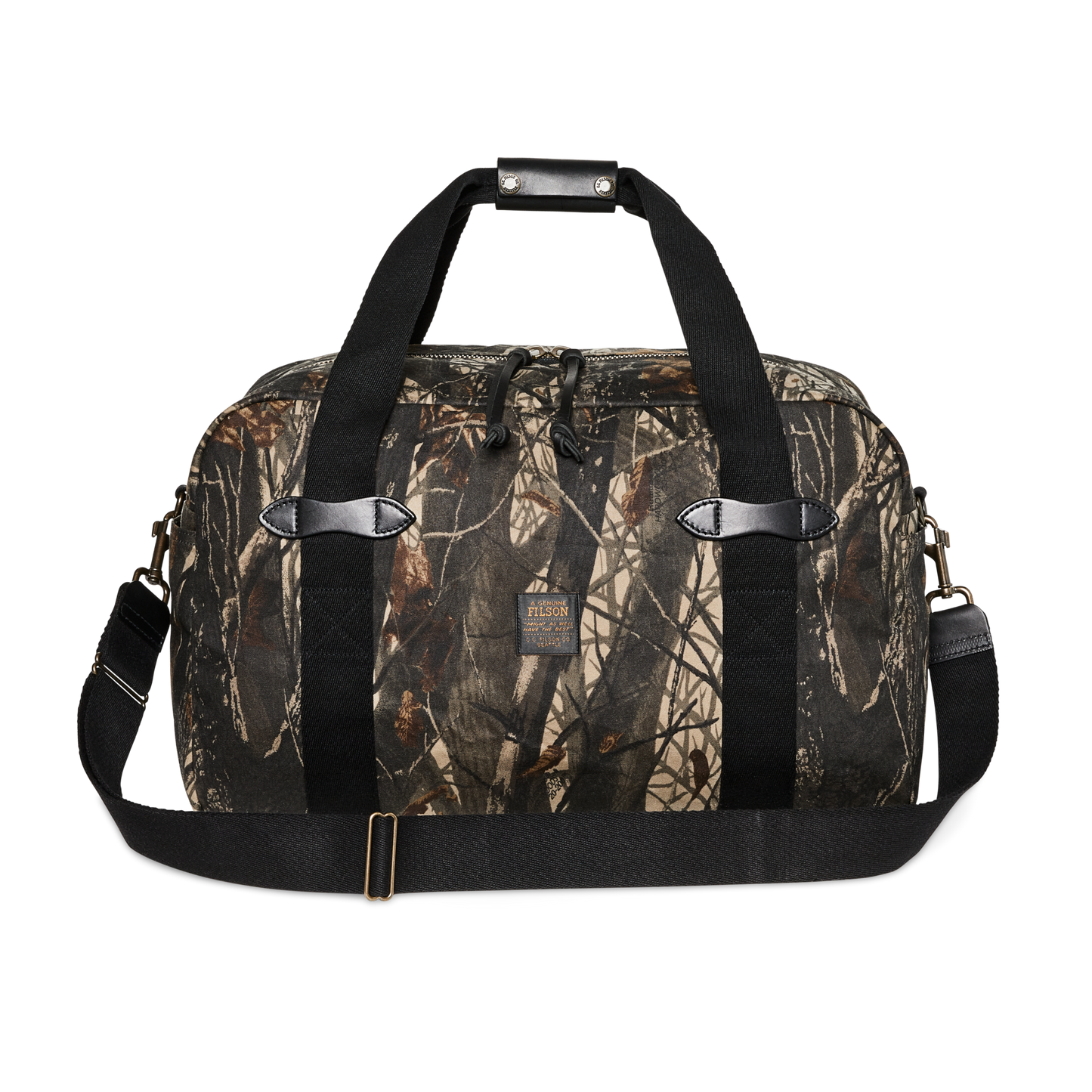 Front-facing image of the Filson Medium Tin Cloth Duffle Bag - Realtree Hardwoods Camo