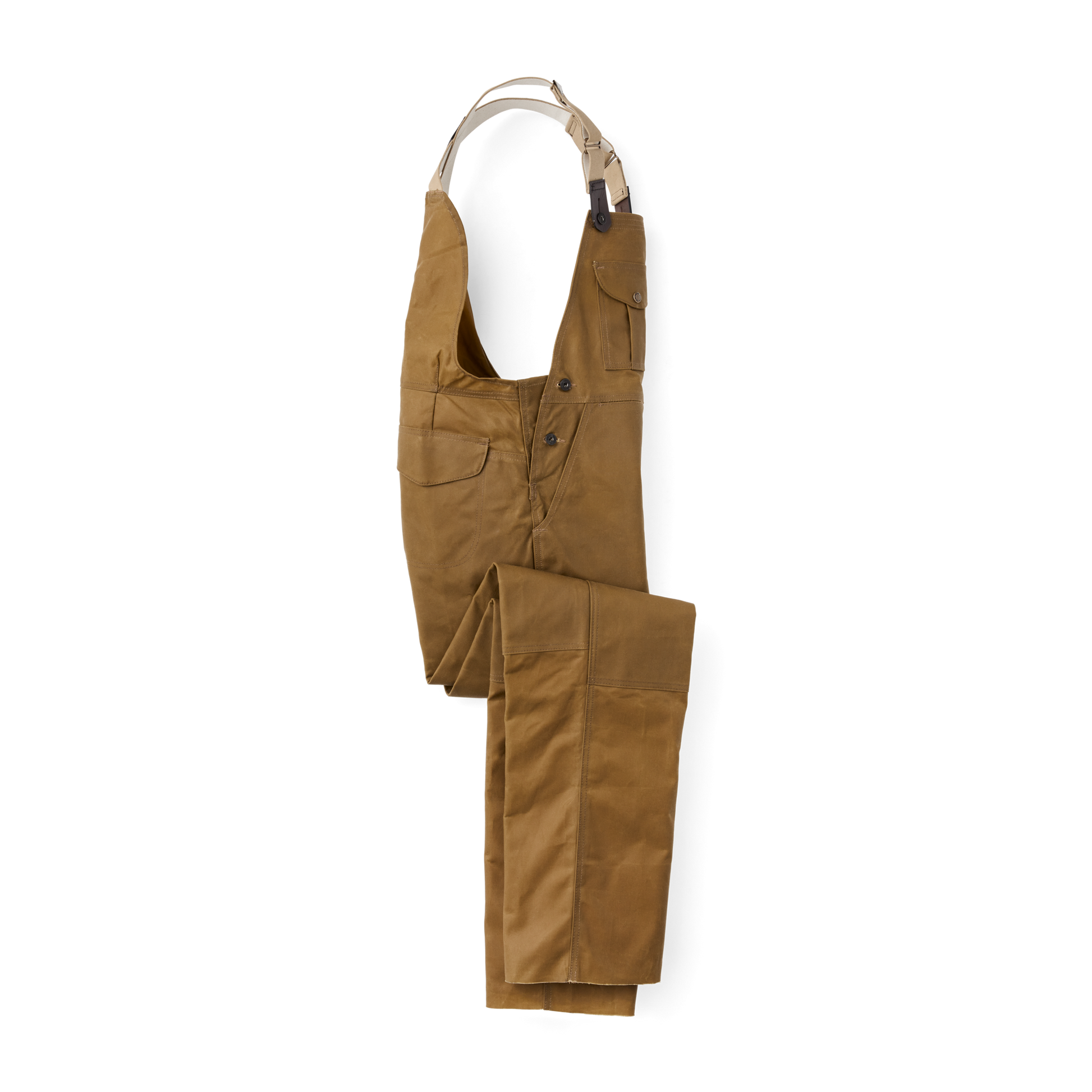 Front-facing image of the Filson Oil Finish Double Tin Cloth Bibs - Dark Tan