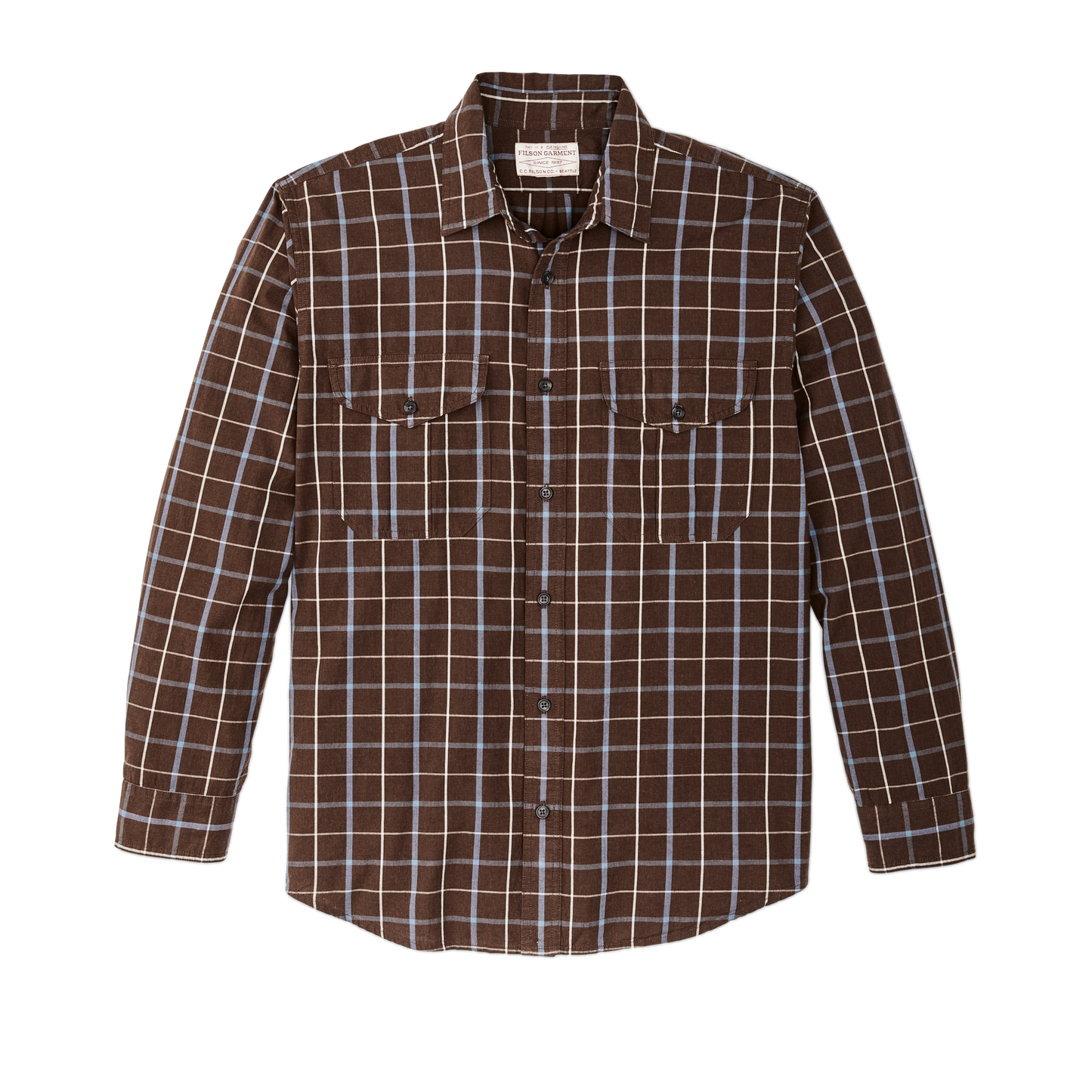 Front-facing image of the Filson Filson's Washed Feather Cloth Shirt - Brown / Blue / White Tattersall