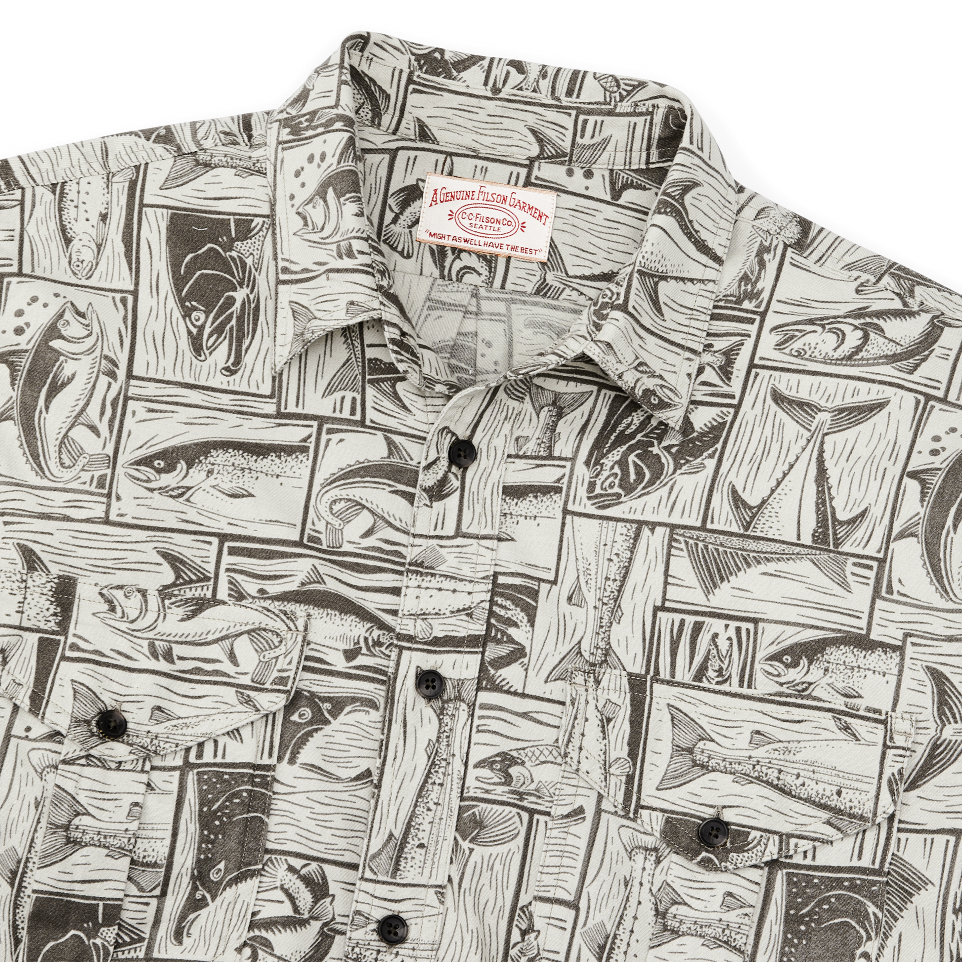 Alternate view of the Filson Lightweight Alaskan Guide Shirt - Stone Brown Cutwork Fish Print