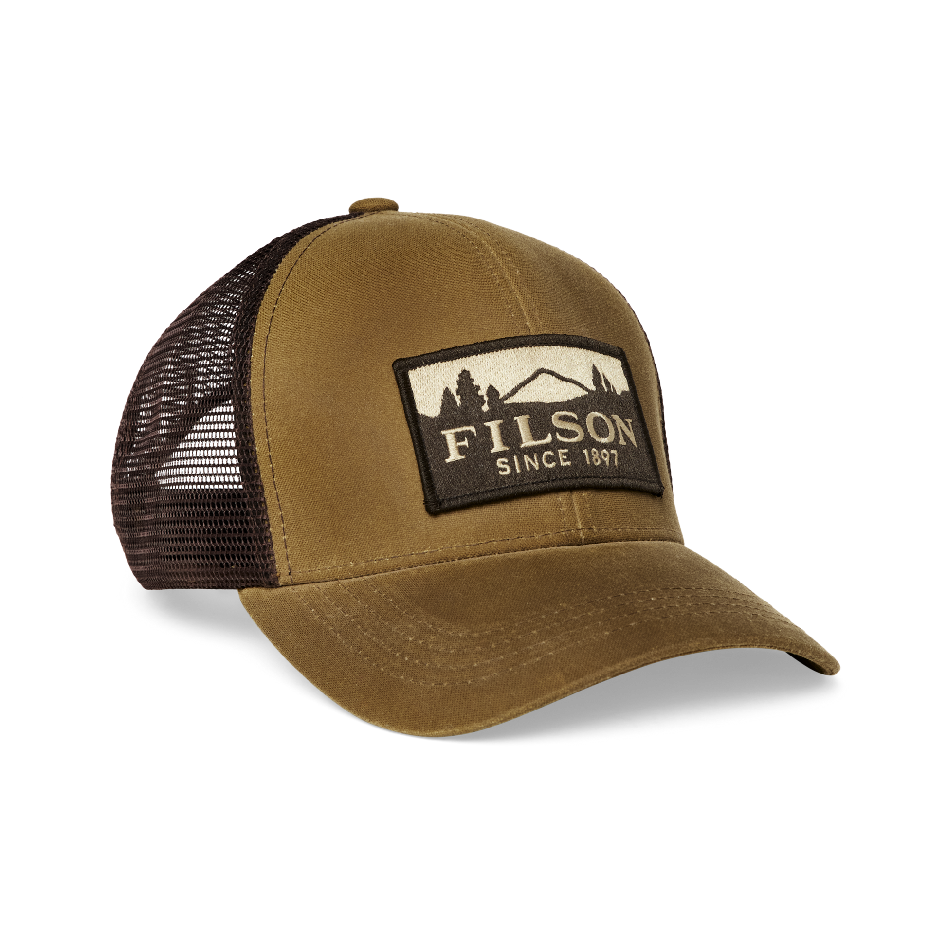 Front-facing image of the Filson Logger Mesh Cap - Dark Tan