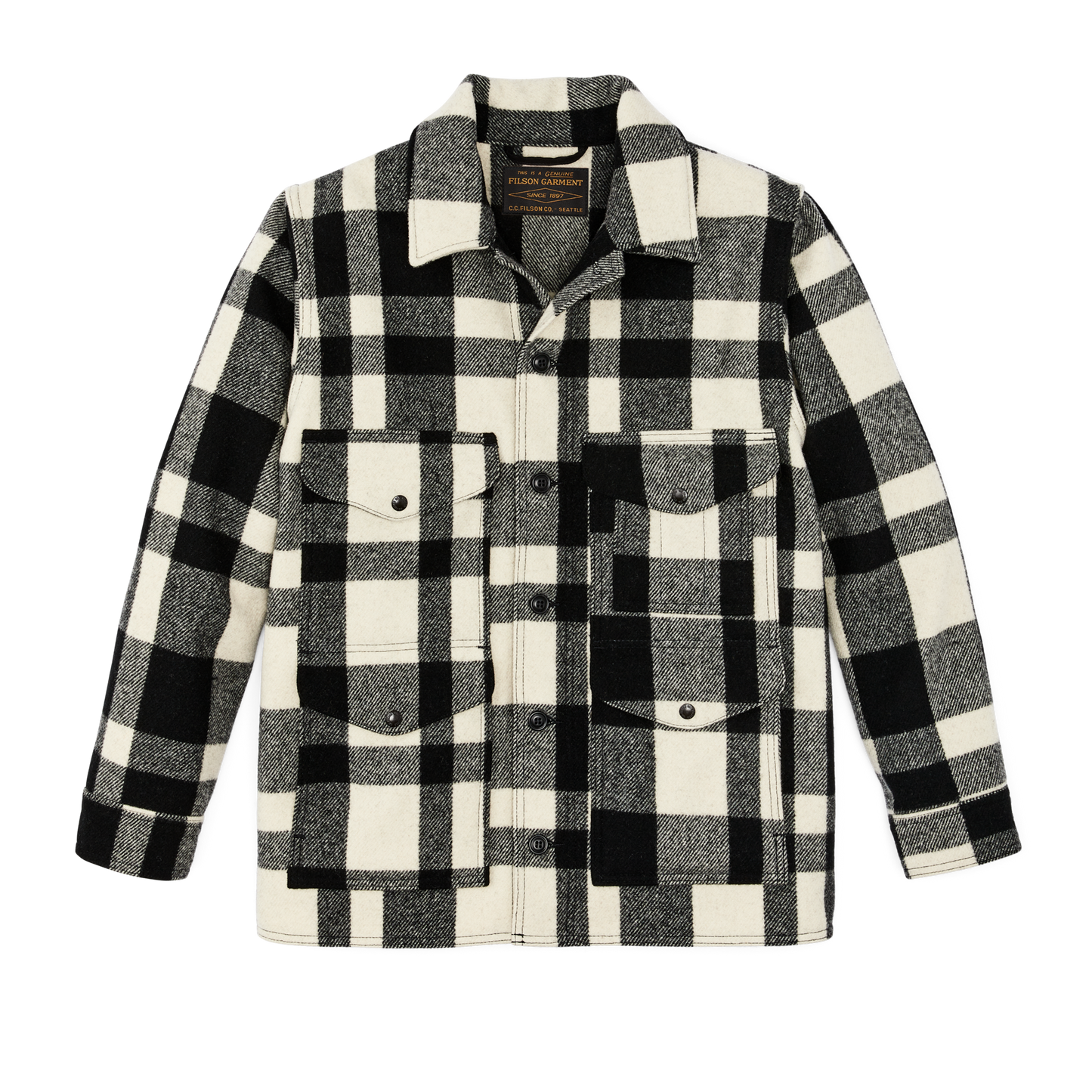 Front-facing image of the Filson Mackinaw Wool Cruiser Jacket - Natural / Black Heritage Plaid