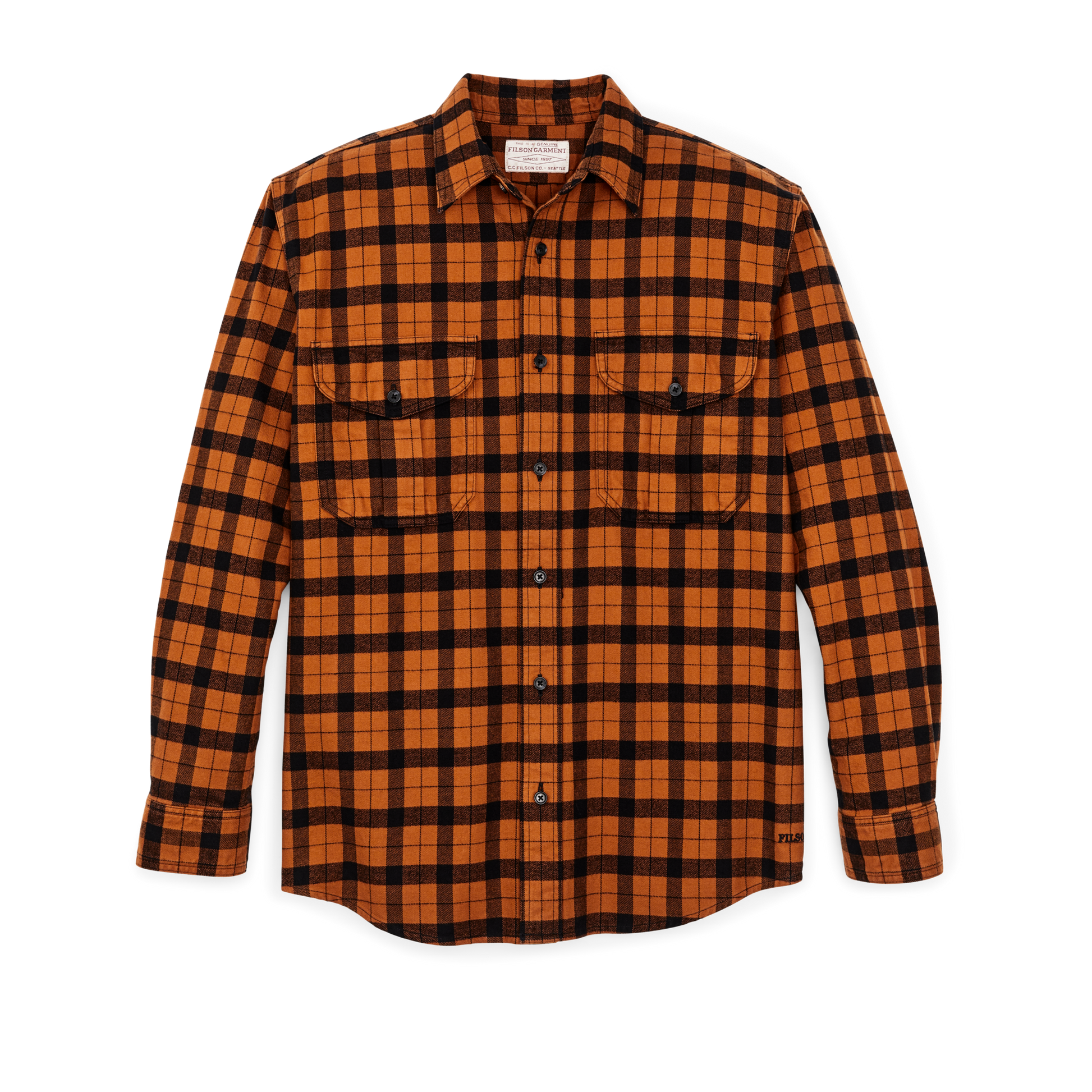 Front-facing image of the Filson Alaskan Guide Shirt - Pecan / Black Plaid