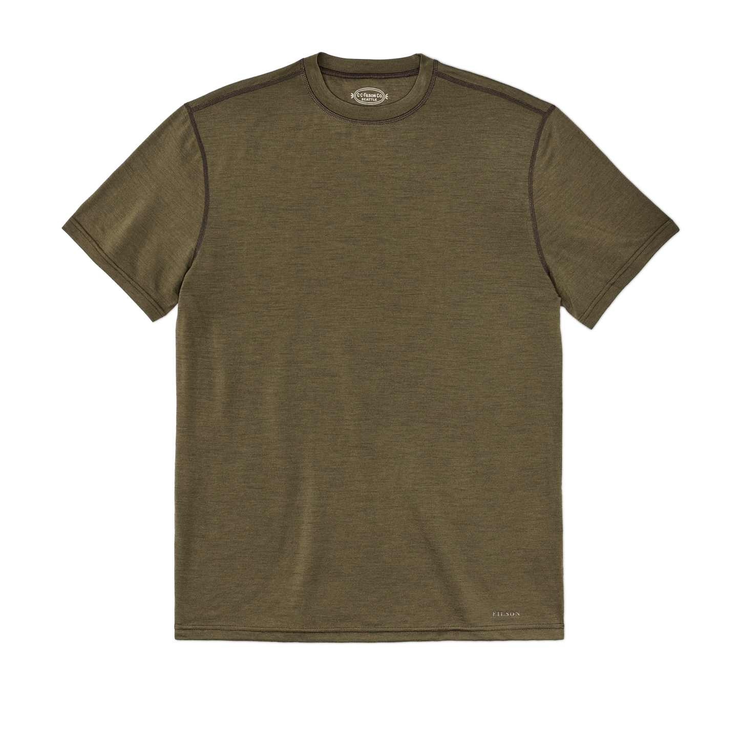 Front-facing image of the Filson 210g Merino Wool Short Sleeve Crewneck - Dark Olive