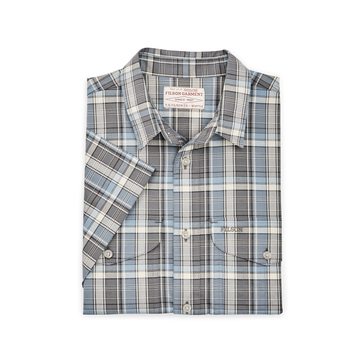 Alternate view of the Filson Twin Lakes Short Sleeve Sport Shirt - Gray / Blue / Cream Plaid