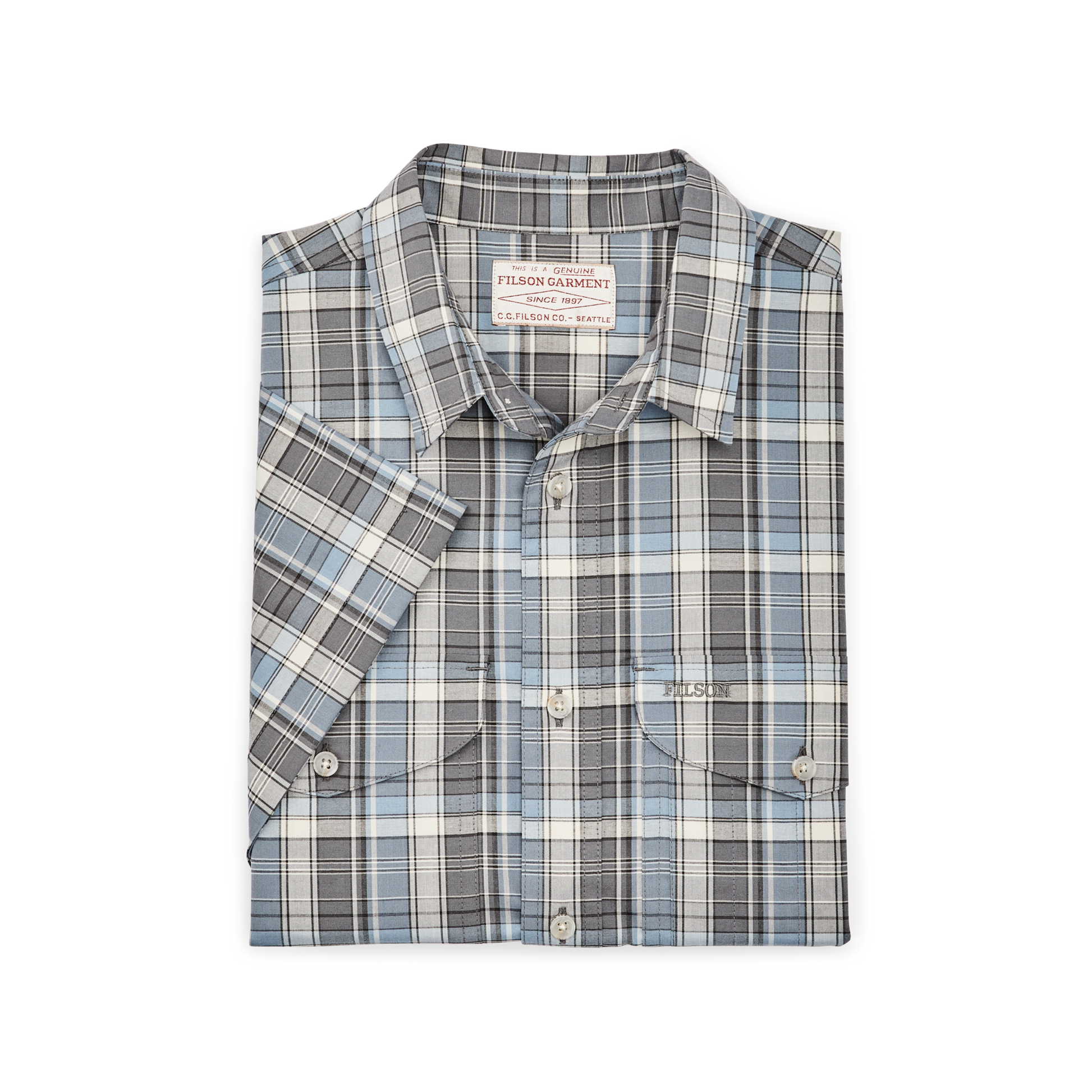 Alternate view of the Filson Twin Lakes Short Sleeve Sport Shirt - Gray / Blue / Cream Plaid