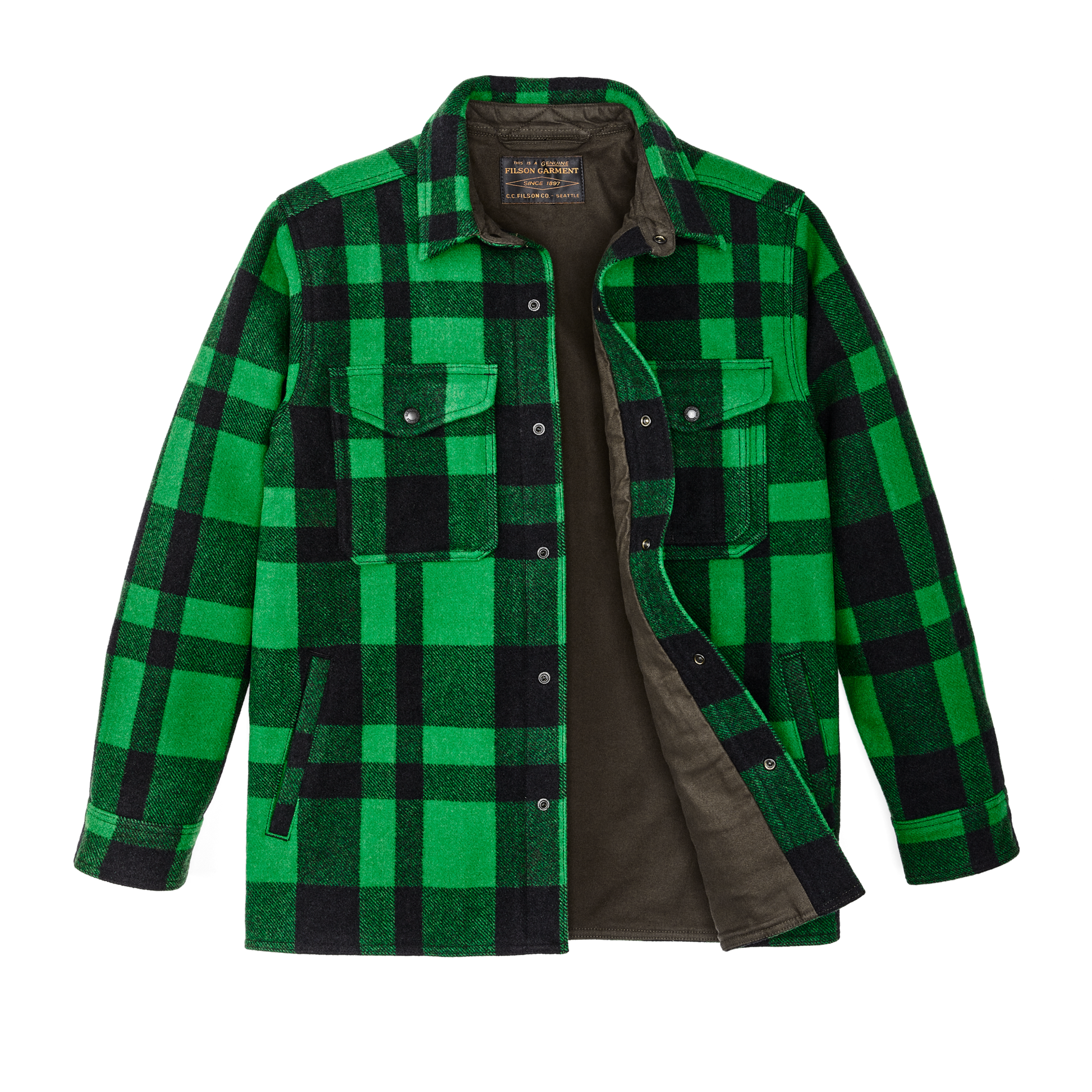 Alternate view of the Filson Lined Mackinaw Wool Jac Shirt - Acid Green / Black Heritage Plaid X