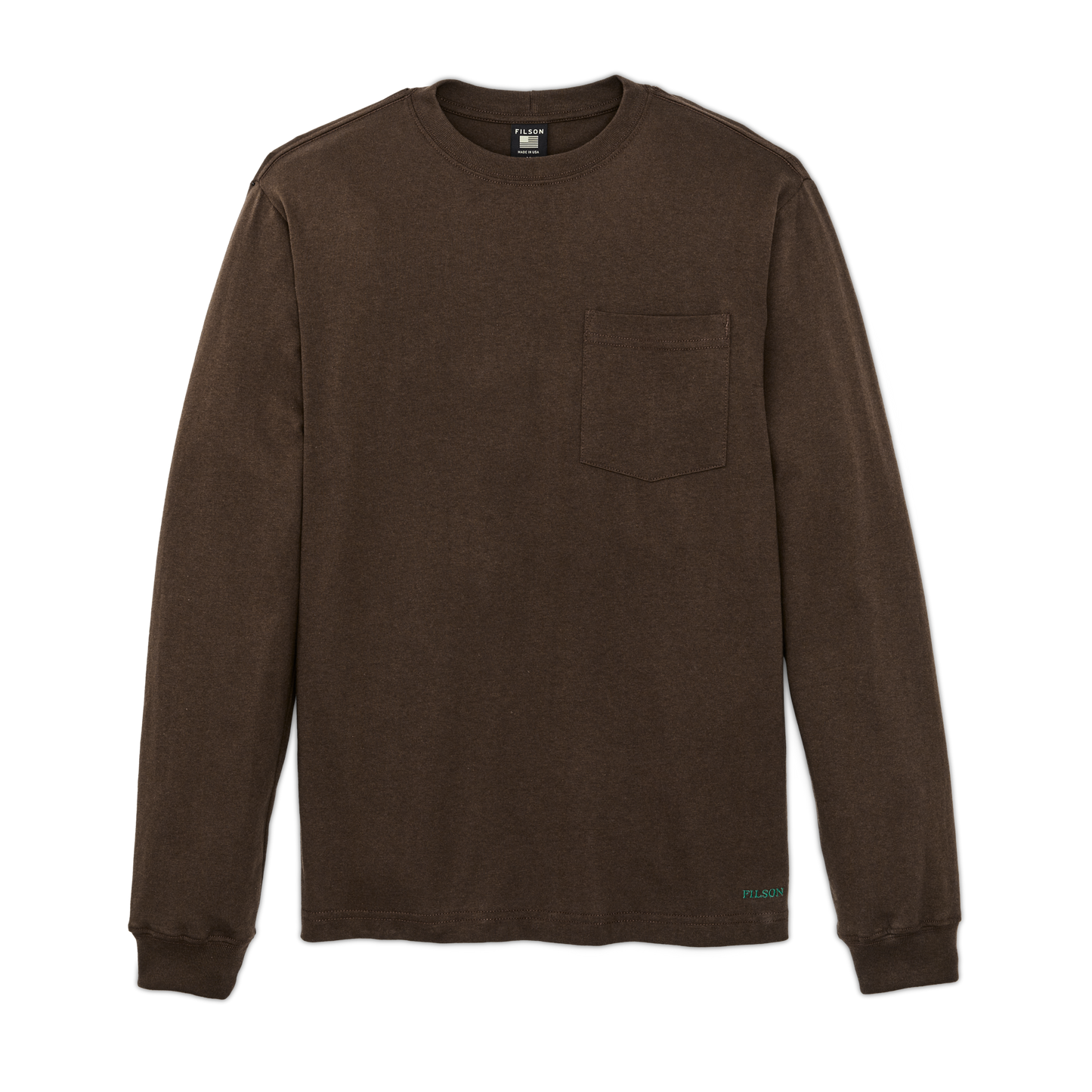 Front-facing image of the Filson Long Sleeve Pioneer Pocket T-shirt - Dark Brown