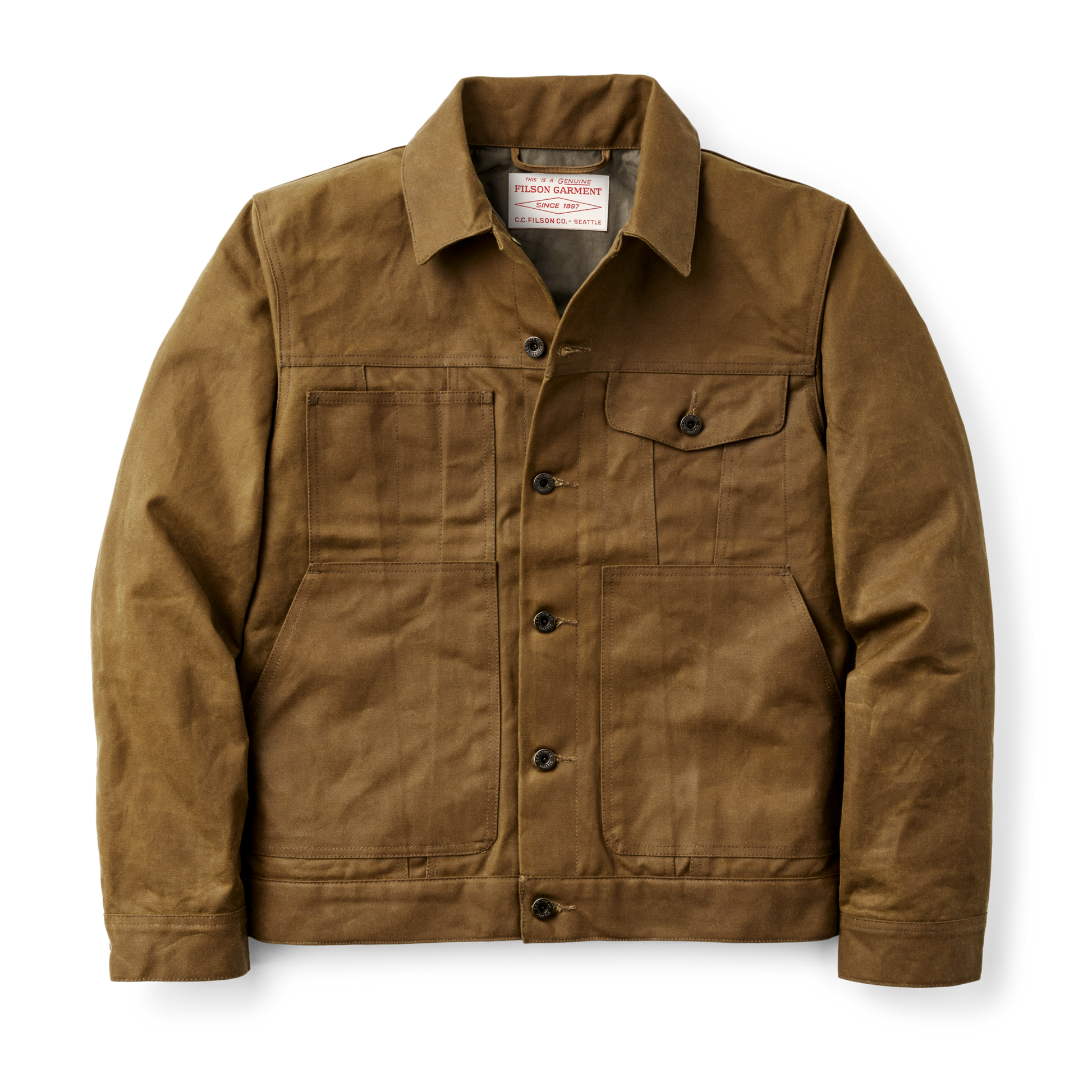 Front-facing image of the Filson Tin Cloth Short Lined Cruiser Jacket - Dark Tan