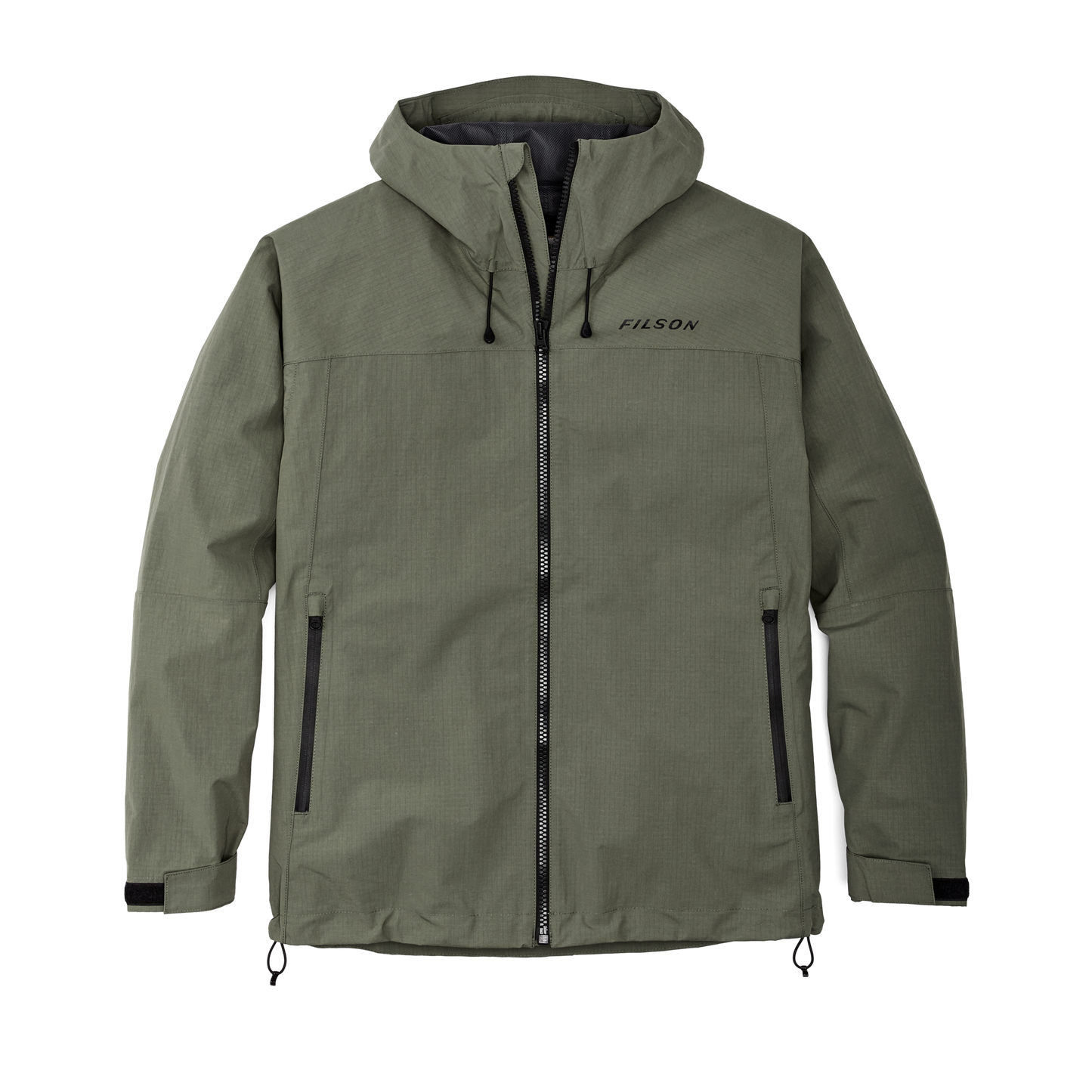 Front-facing image of the Filson Swiftwater Rain Jacket - Service Green