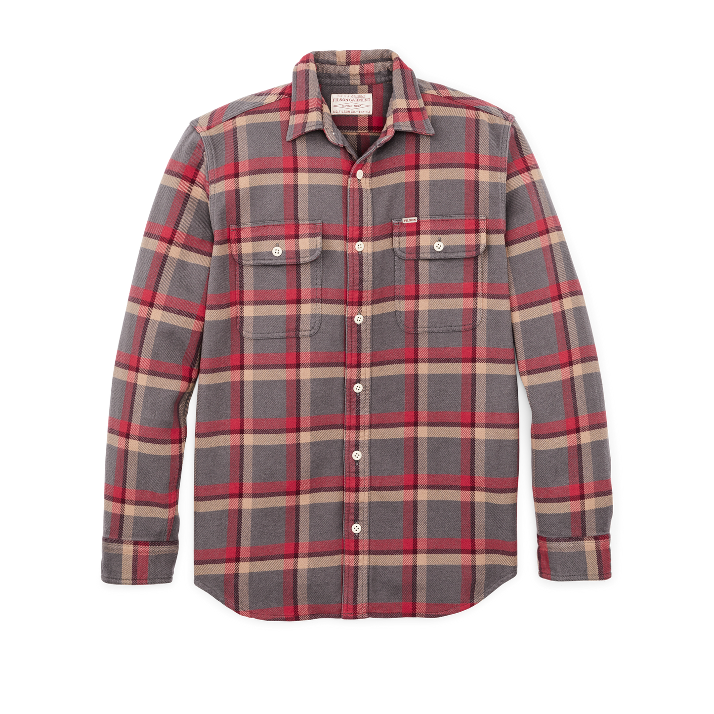 Front-facing image of the Filson Vintage Flannel Work Shirt - Gray / Red / Multi Plaid