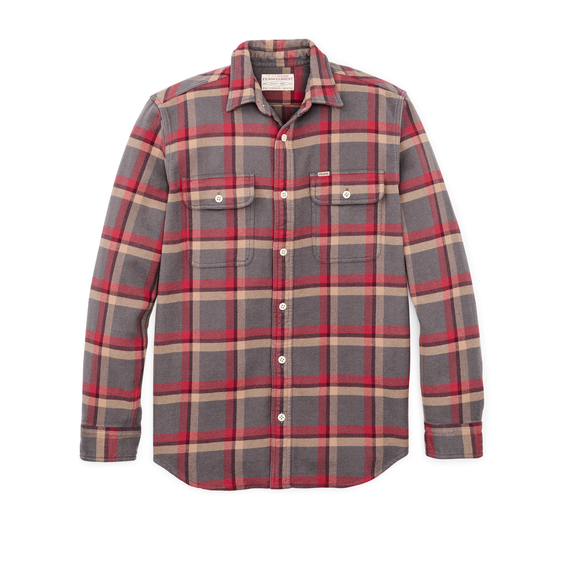 Front-facing image of the Filson Vintage Flannel Work Shirt - Gray / Red / Multi Plaid