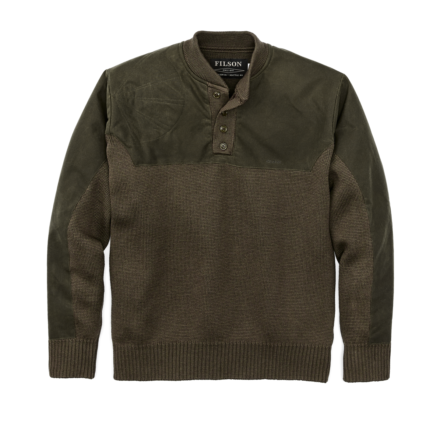 Front-facing image of the Filson Henley Guide Sweater - Peat Green