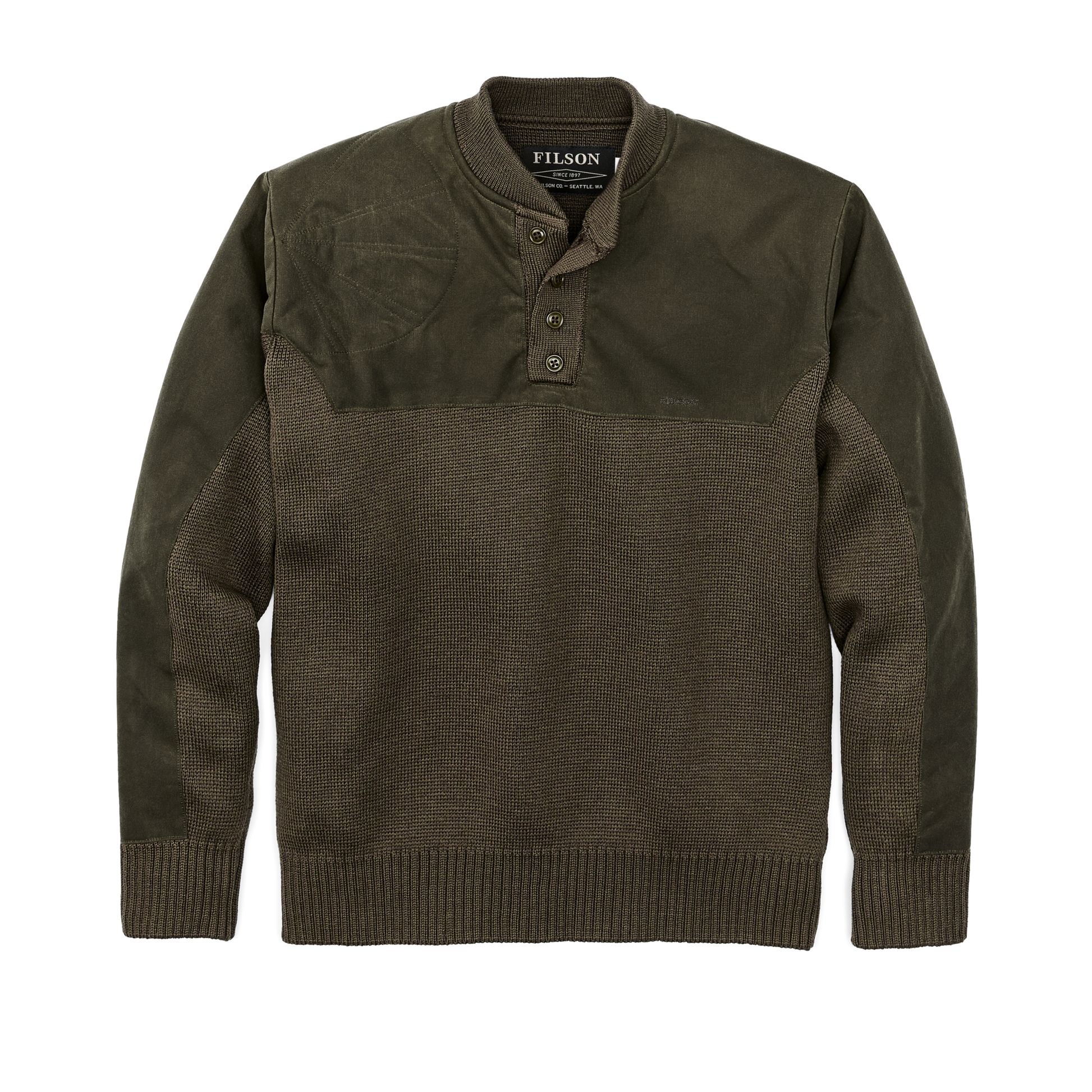 Front-facing image of the Filson Henley Guide Sweater - Peat Green