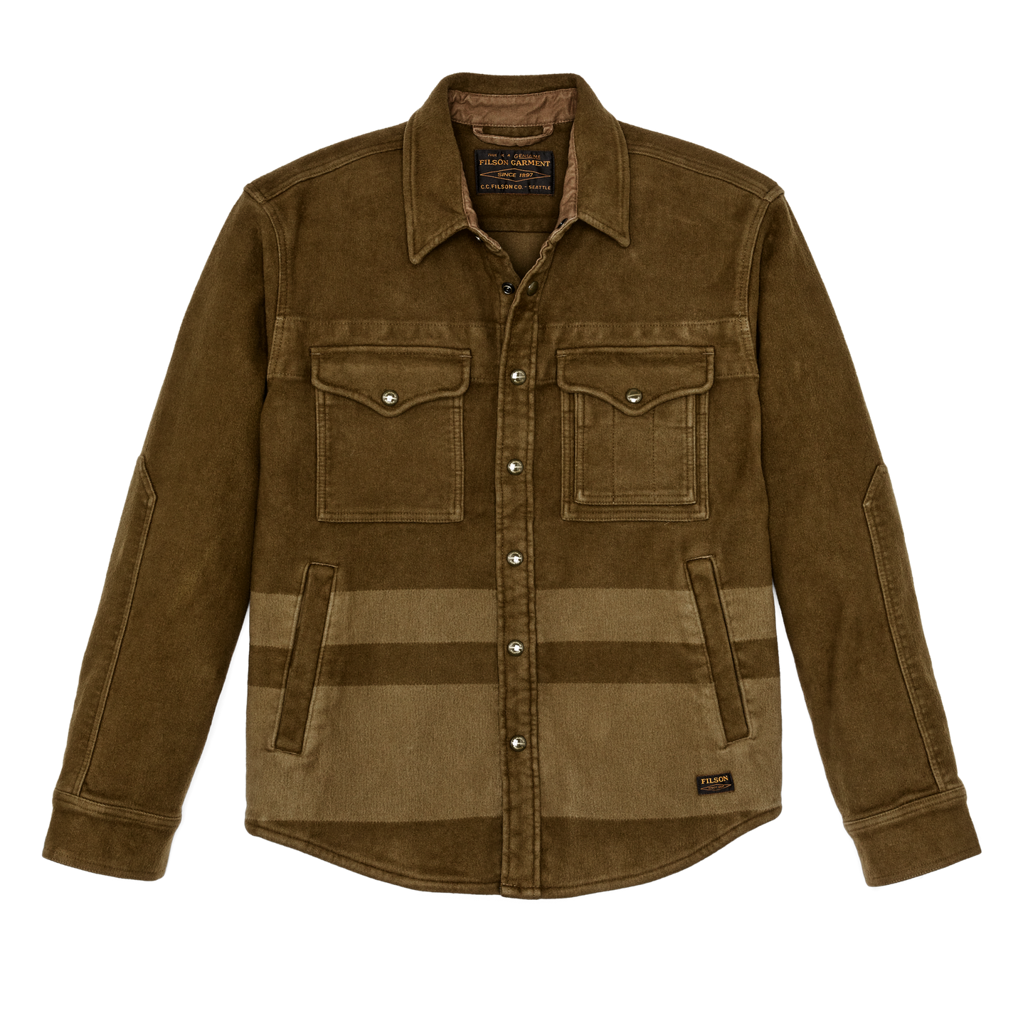 Front-facing image of the Filson Beartooth Jac-shirt - Marsh Olive Blanket Stripe