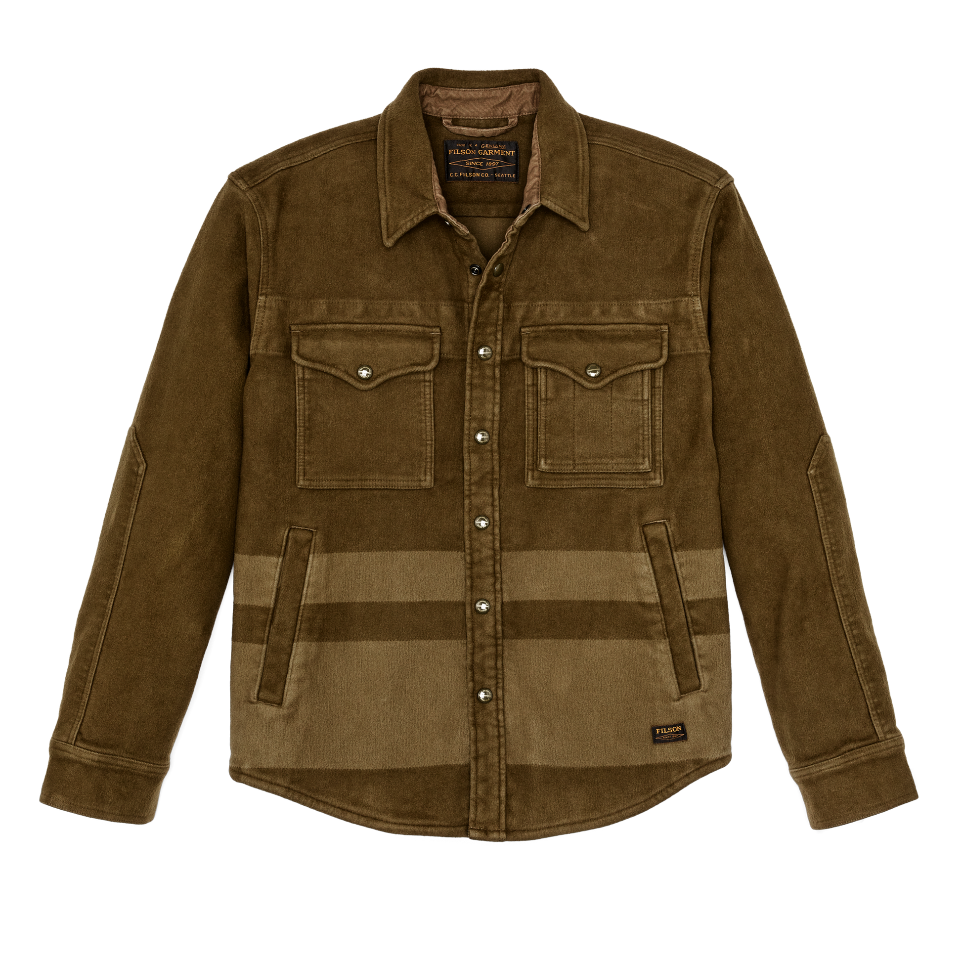 Front-facing image of the Filson Beartooth Jac-shirt - Marsh Olive Blanket Stripe