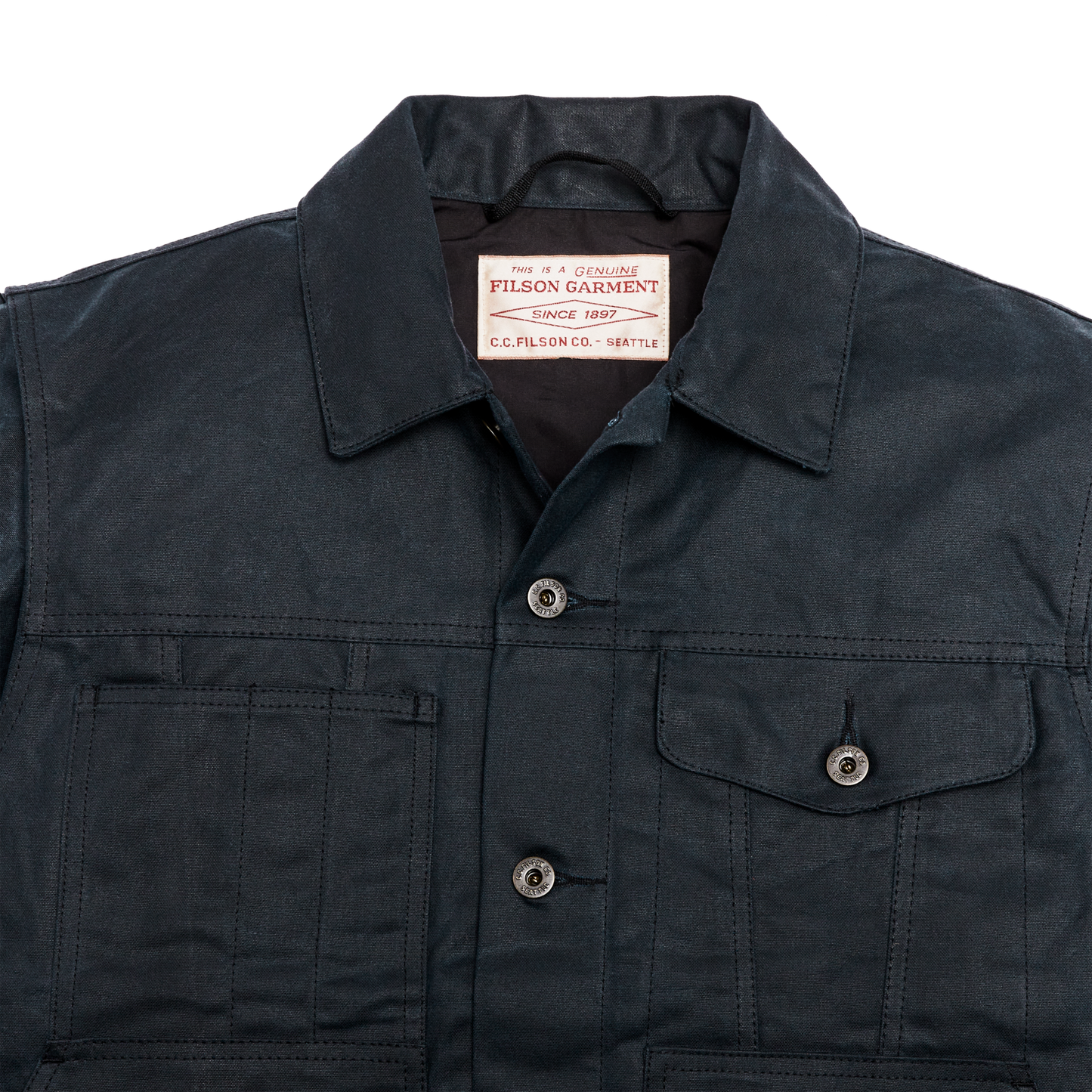 Alternate view of the Filson Tin Cloth Short Lined Cruiser Jacket - Service Blue|Hand, slotted-utility and flapped chest pockets