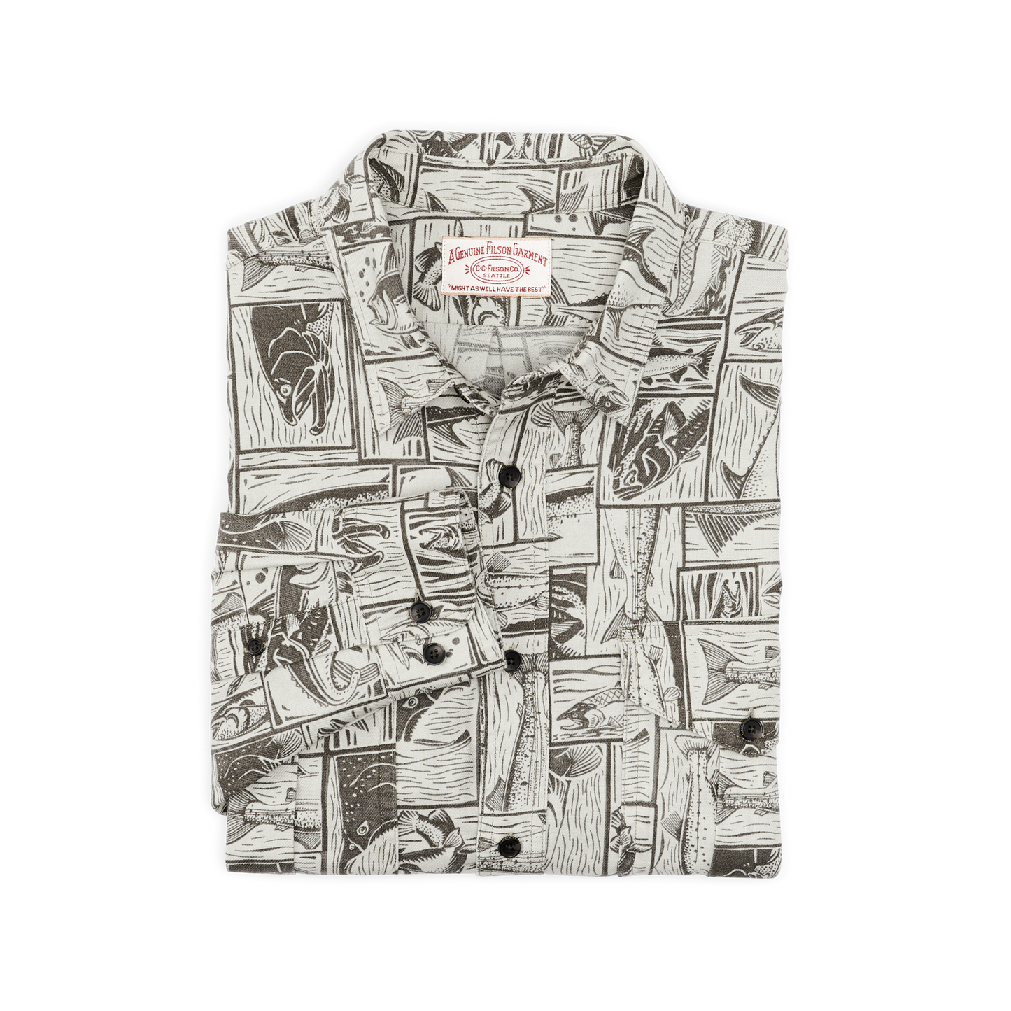 Alternate view of the Filson Lightweight Alaskan Guide Shirt - Stone Brown Cutwork Fish Print