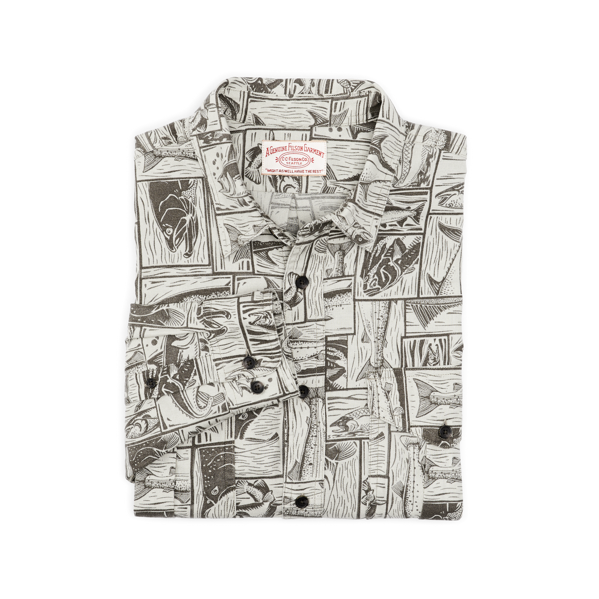 Alternate view of the Filson Lightweight Alaskan Guide Shirt - Stone Brown Cutwork Fish Print