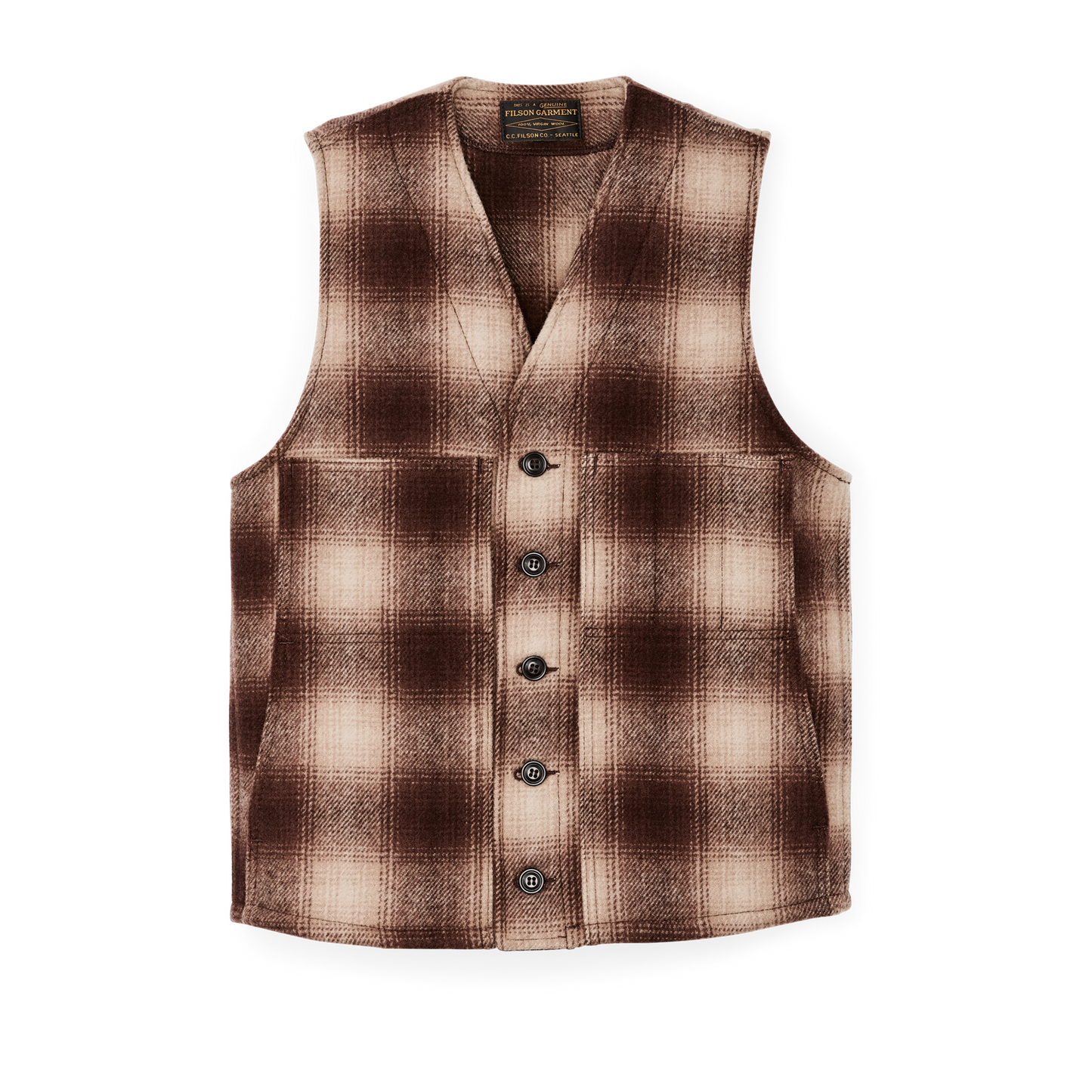 Front-facing image of the Filson Mackinaw Wool Vest - Brown / Tan Ombre