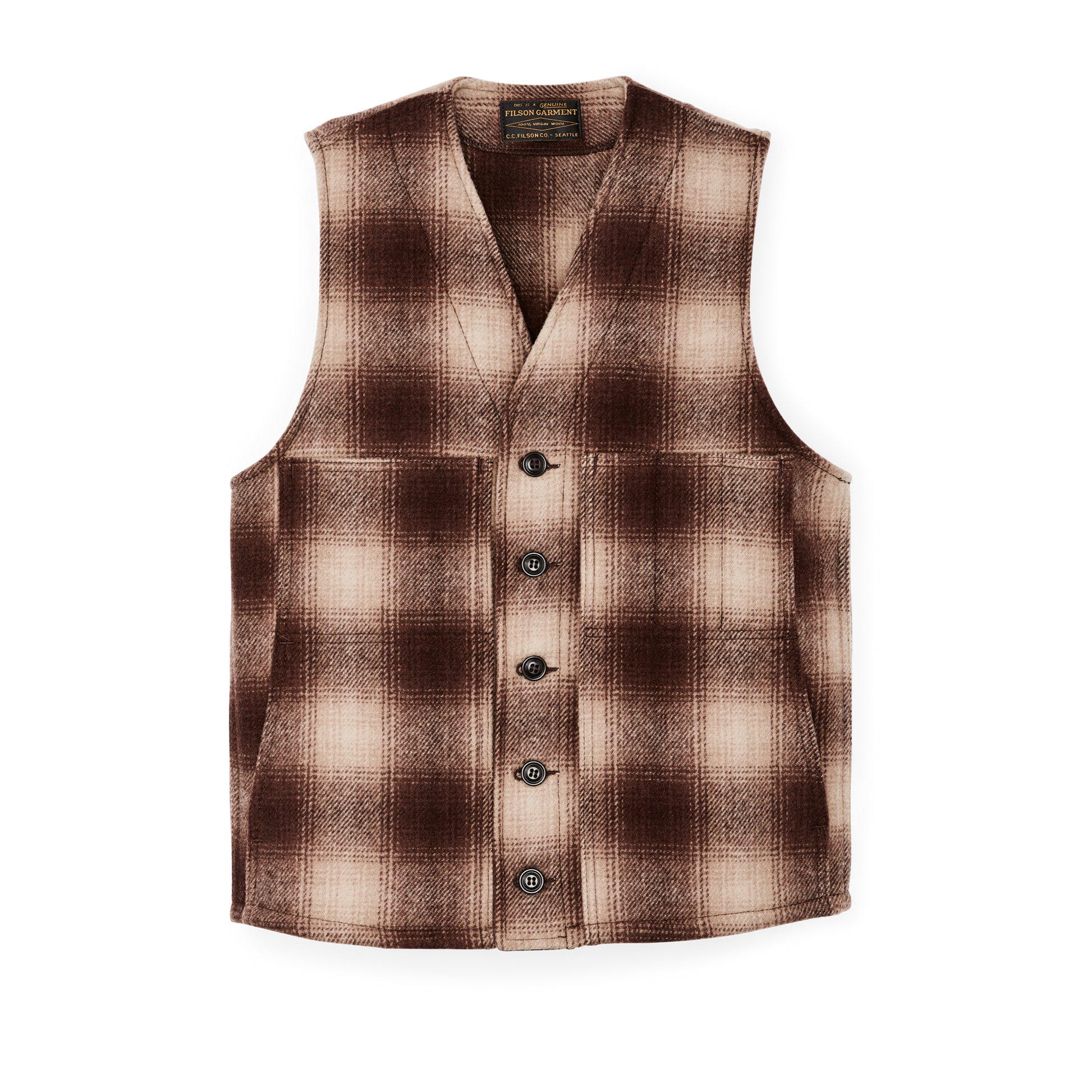 Front-facing image of the Filson Mackinaw Wool Vest - Brown / Tan Ombre