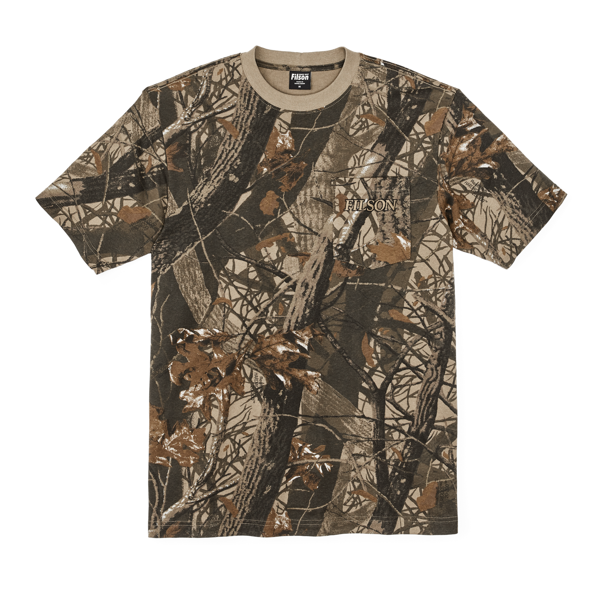 Front-facing image of the Filson Embroidered Pocket T-shirt - Realtree Hardwoods Camo