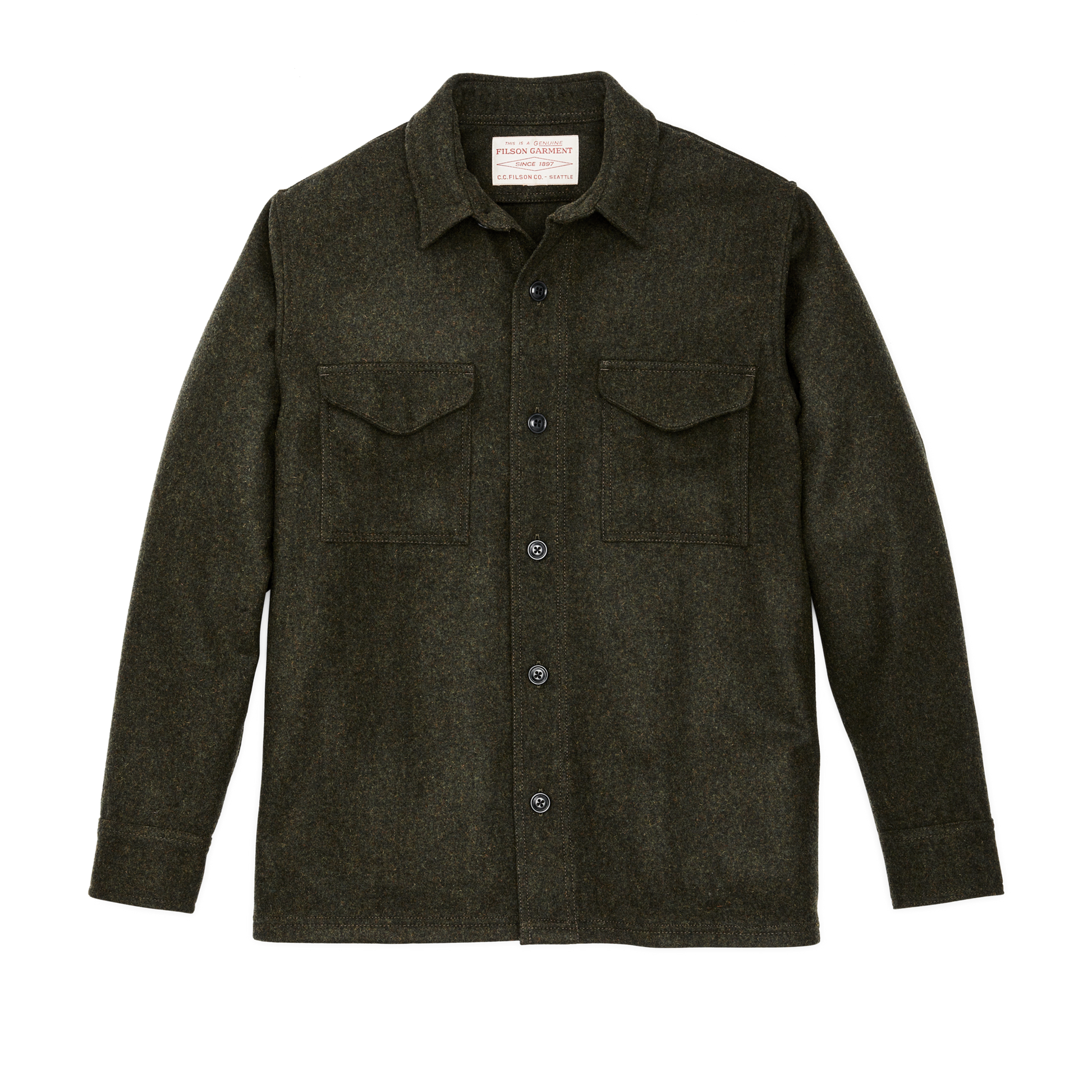 Front-facing image of the Filson Wool Jac-shirt - Forest Green