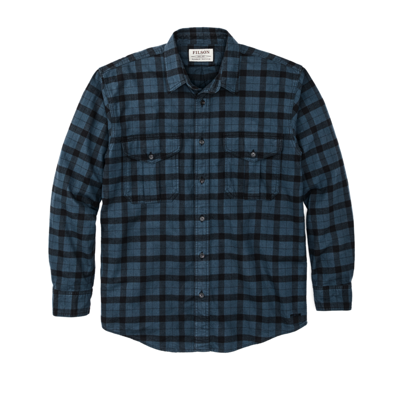 main image of filson's alaskan guide shirt, a men's long sleeve shirt constructed in cotton, shown in midnight/black