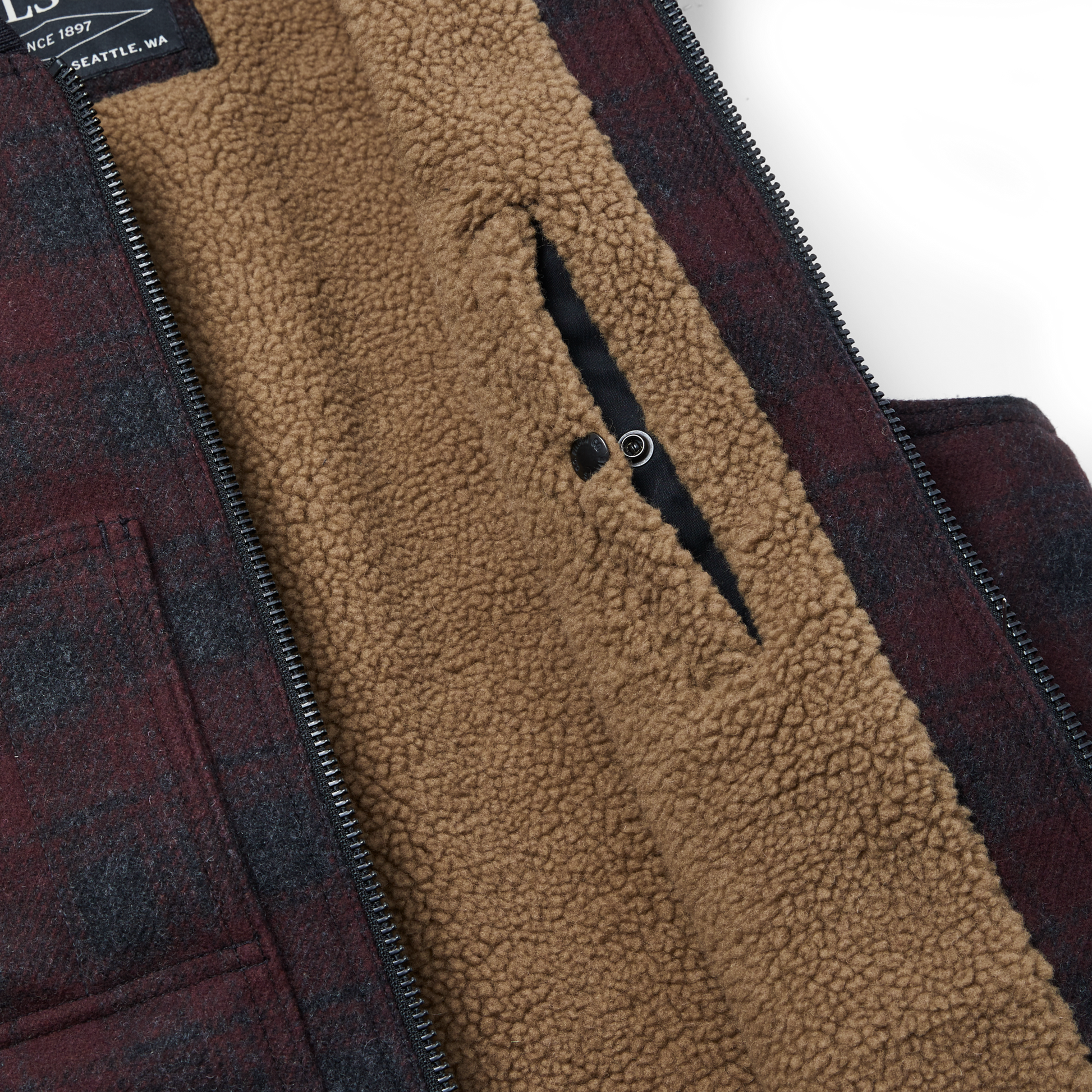 Alternate view of the Filson Lined Mackinaw Wool Work Vest - Maroon / Charcoal Plaid