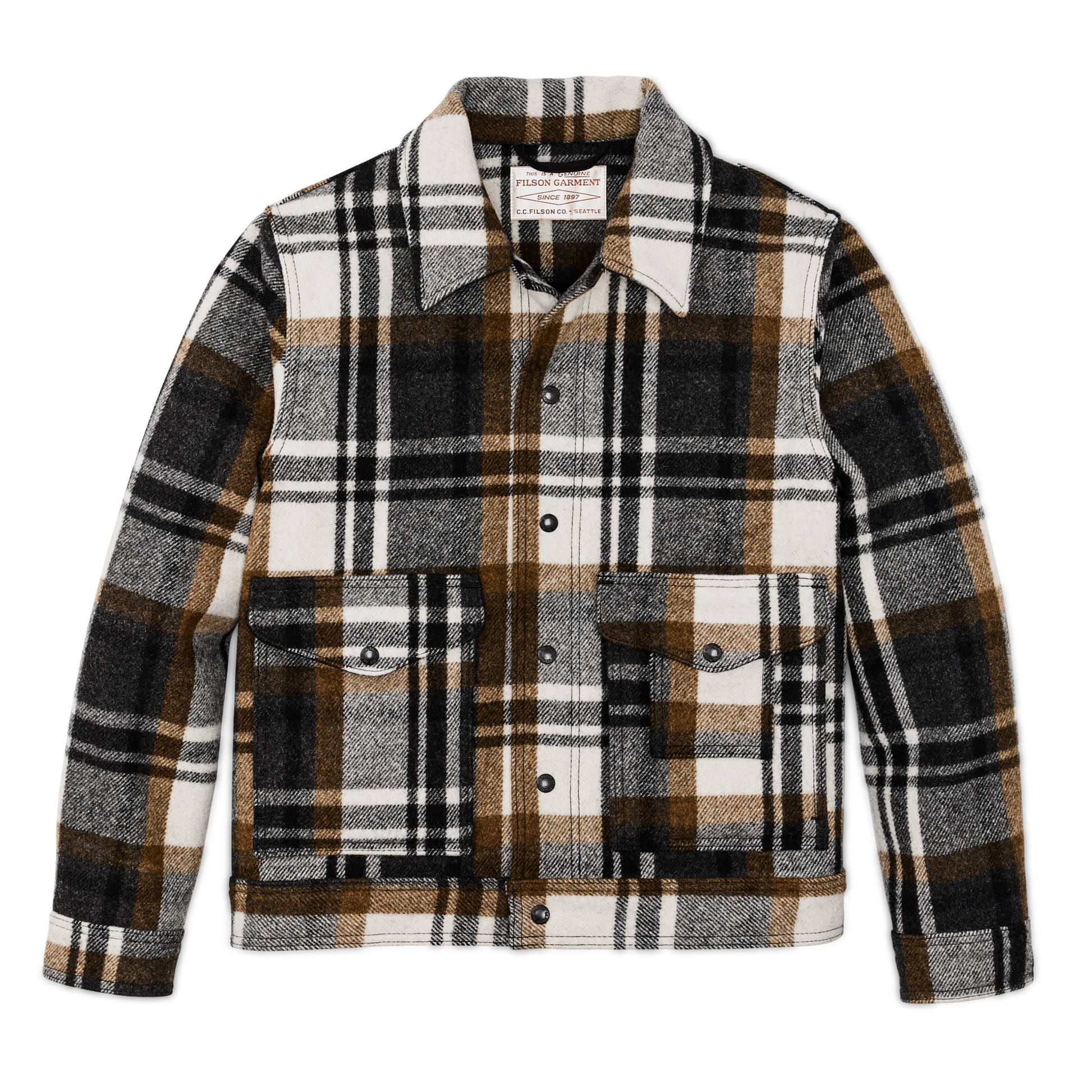 Front-facing image of the Filson Mackinaw Wool Work Jacket - Blue Coal / Copper Heather Plaid