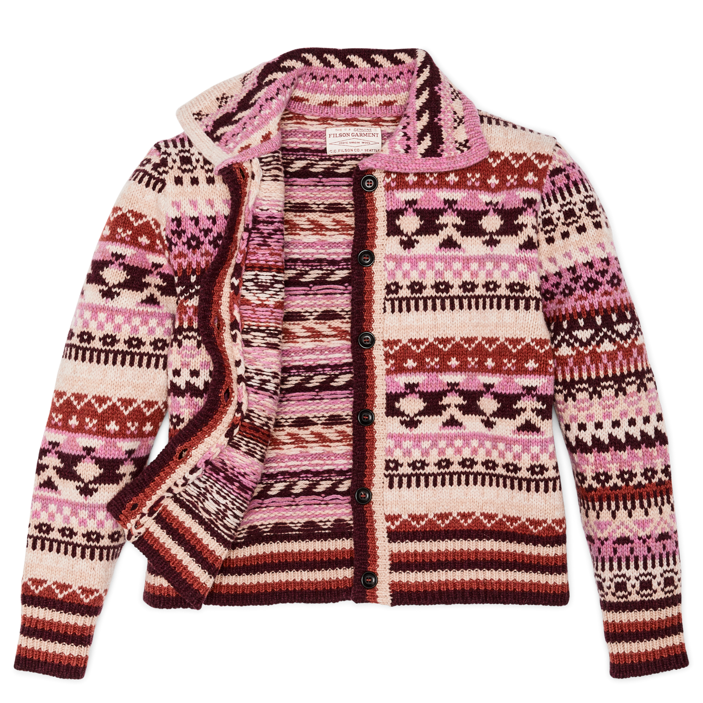 Alternate view of the Filson Women's Fair Isle Cardigan - Burgundy / Cream / Multi