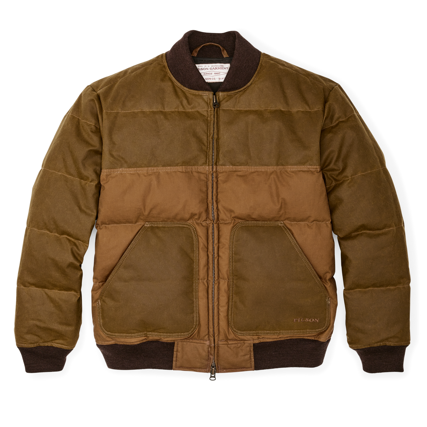 Front-facing image of the Filson Down Bomber Jacket - Dark Tan