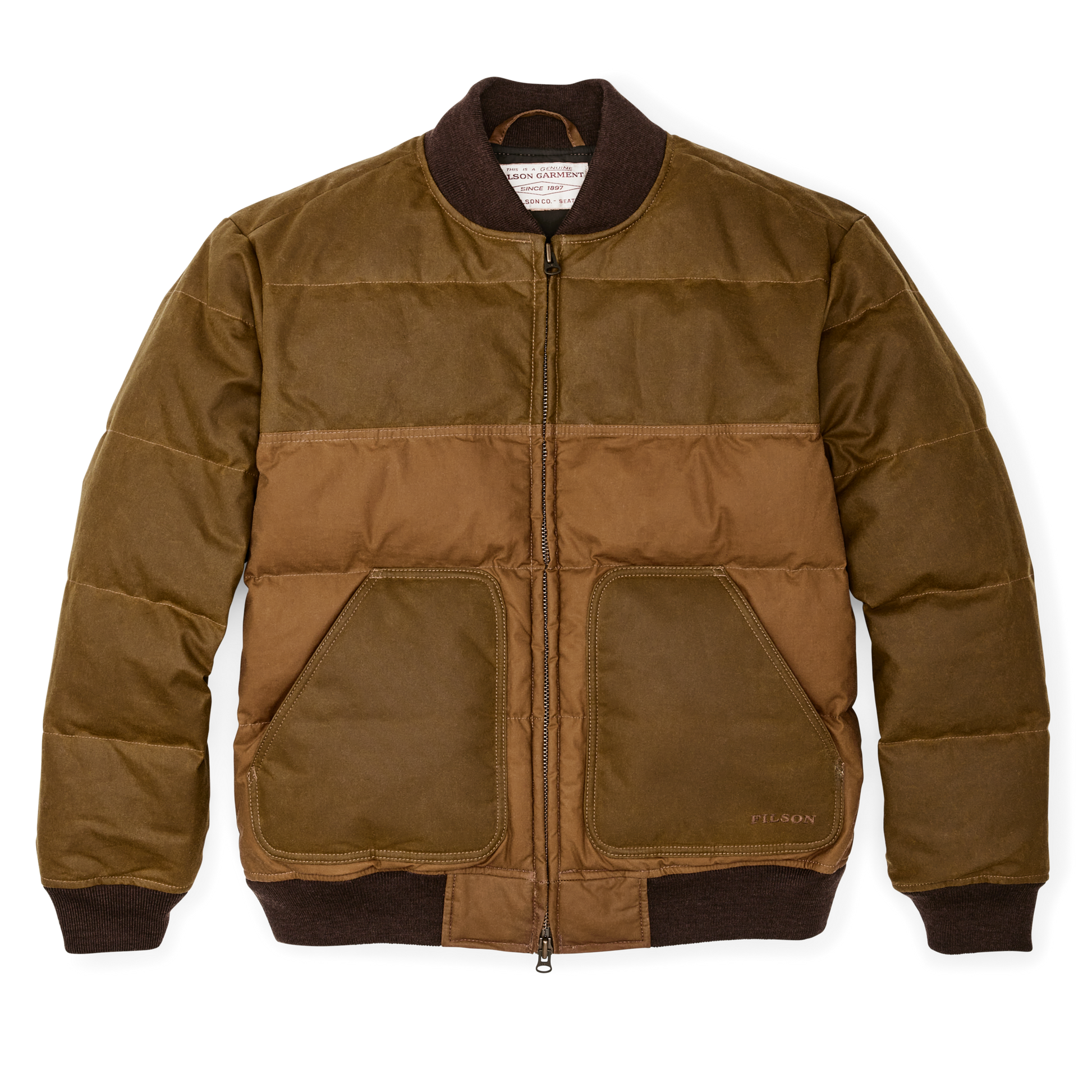 Front-facing image of the Filson Down Bomber Jacket - Dark Tan