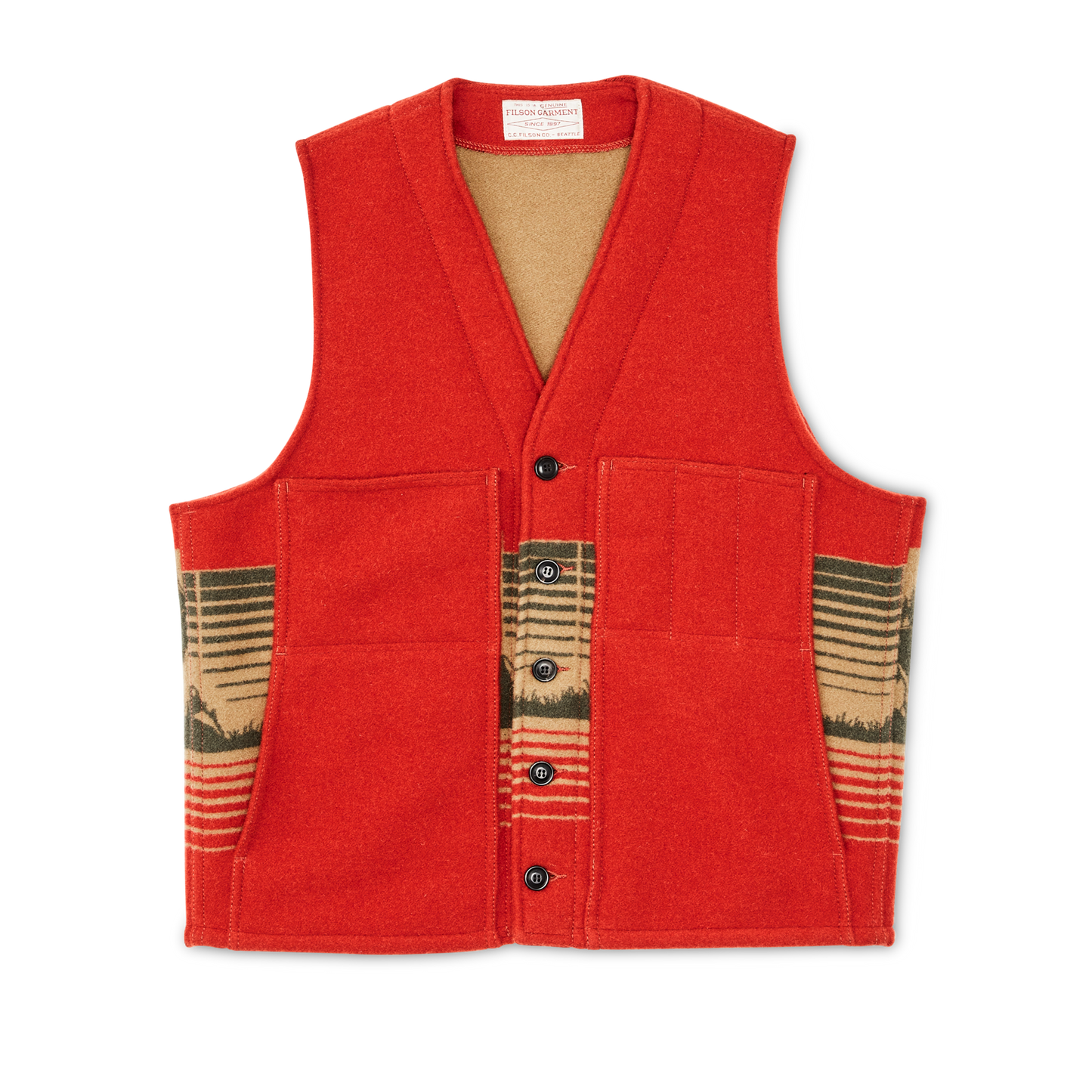 Front-facing image of the Filson Jacquard Wool Vest - Red / Khaki / Forest Multi