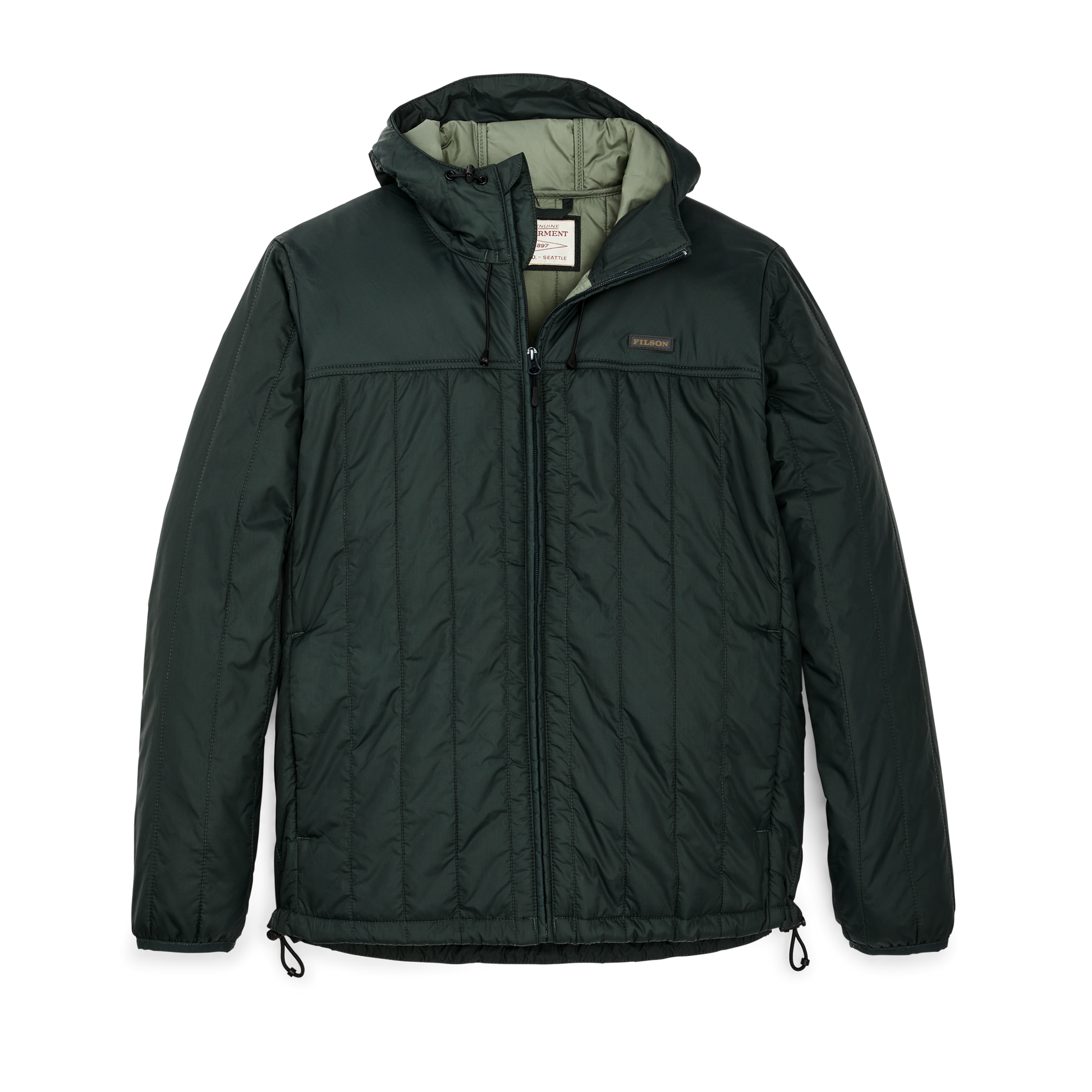 Front-facing image of the Filson Ultralight Hooded Jacket - Dark Spruce