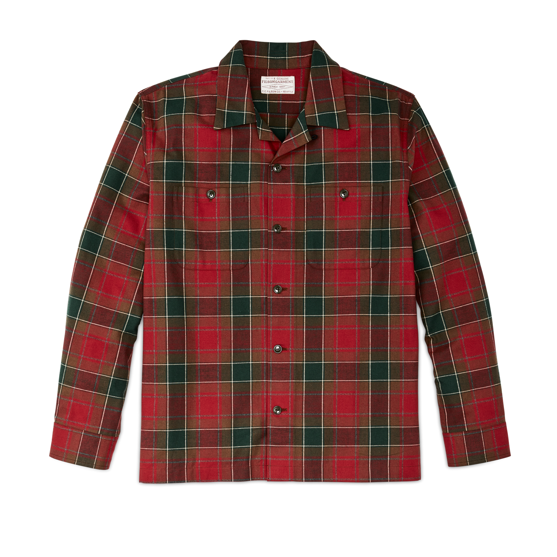 Front-facing image of the Filson Elk Heights Camp Shirt - Sycamore Green / Red Plaid