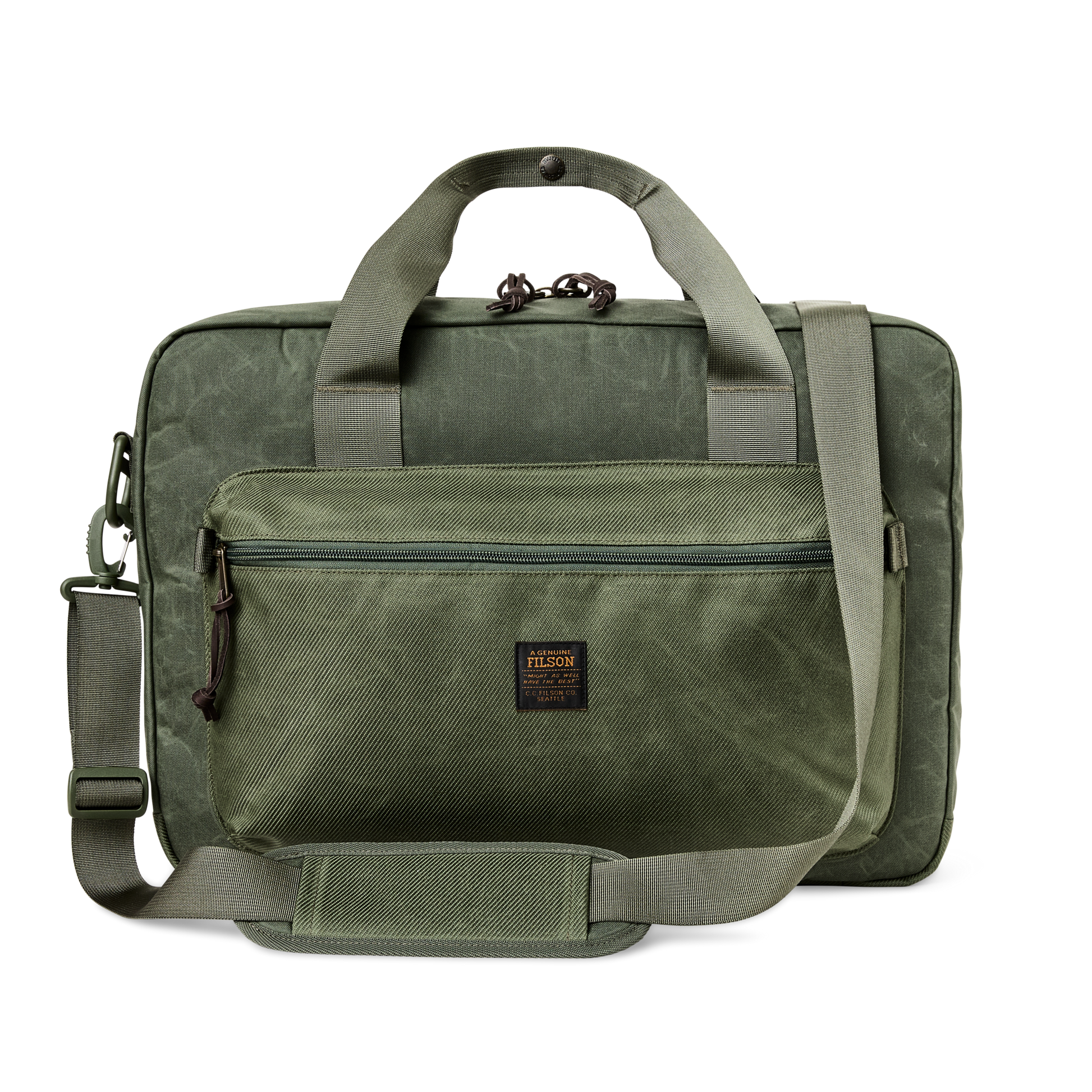 Front-facing image of the Filson Surveyor Pullman Pack - Service Green