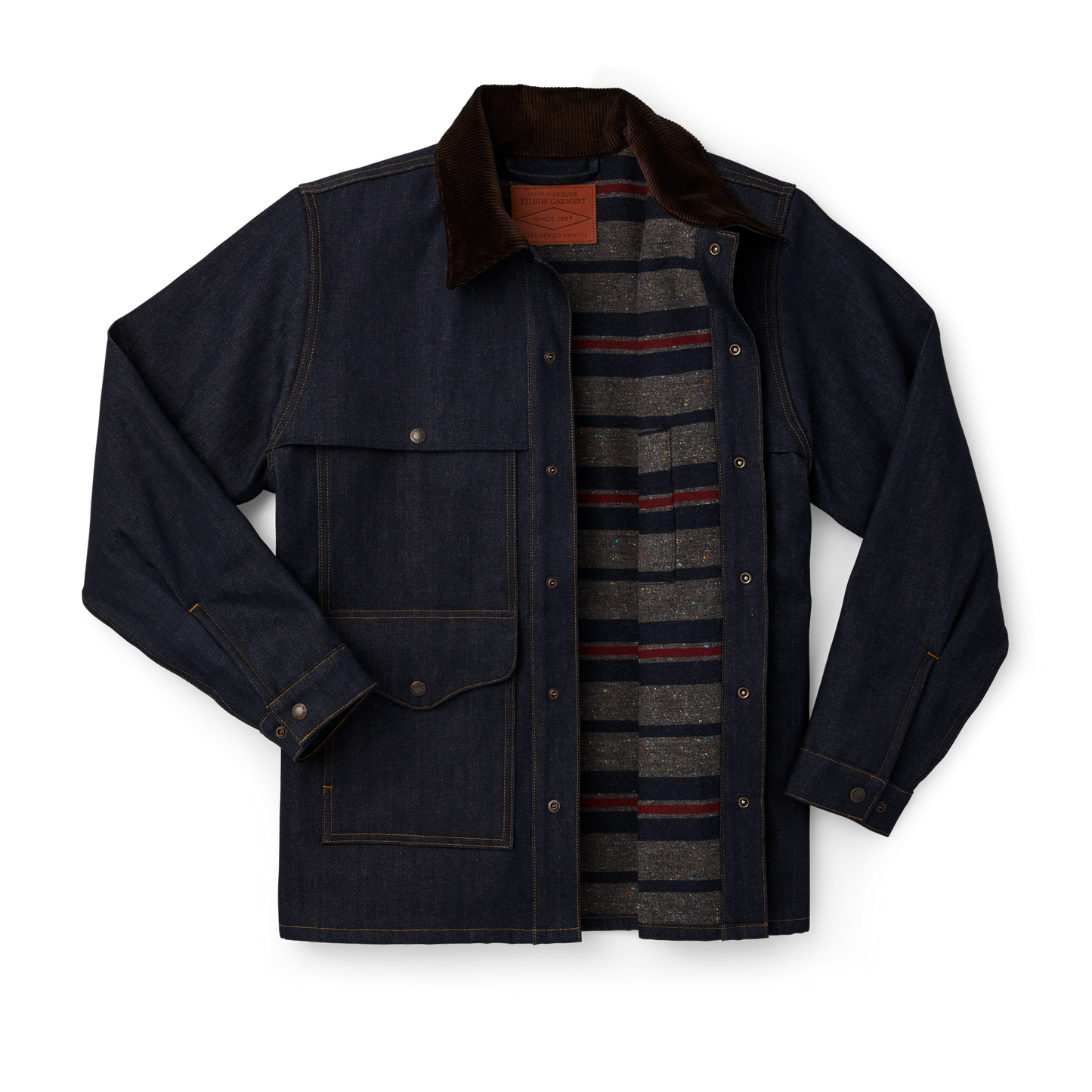 Alternate view of the Filson Lined Denim Cruiser Jacket - Raw Indigo / Canteen Stripe