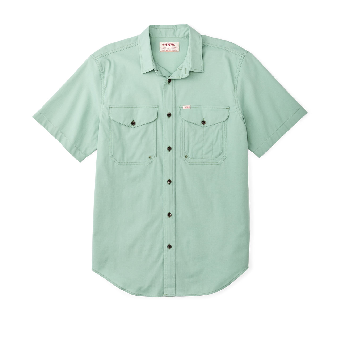 Front-facing image of the Filson Twin Lakes Short Sleeve Sport Shirt - Granite Green