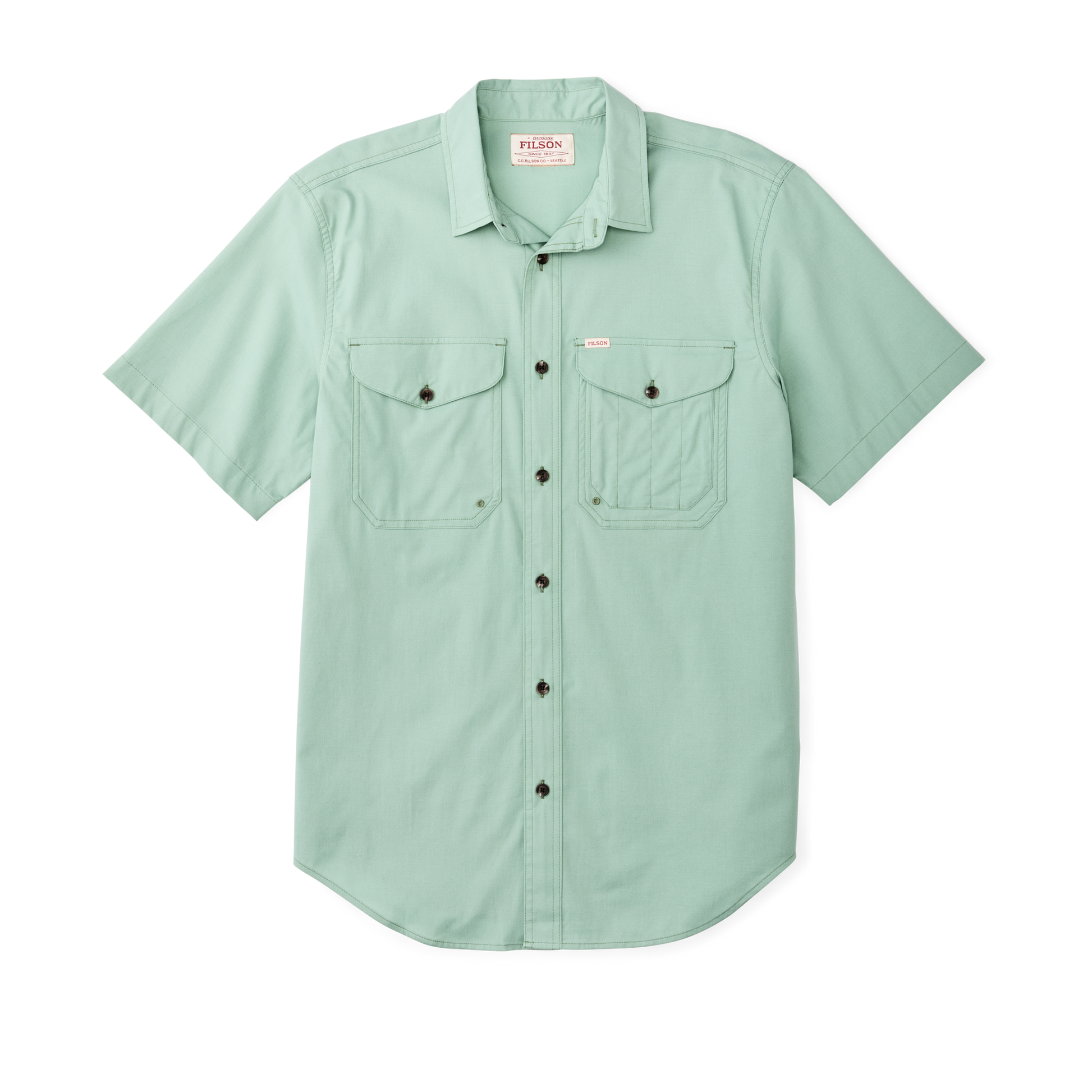 Front-facing image of the Filson Twin Lakes Short Sleeve Sport Shirt - Granite Green