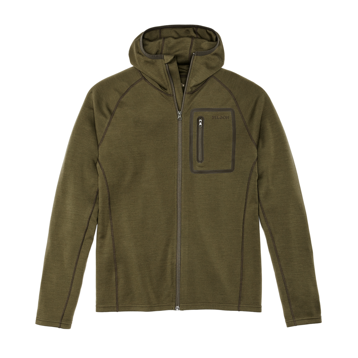 Front-facing image of the Filson 400g Merino Wool Hoodie - Dark Olive