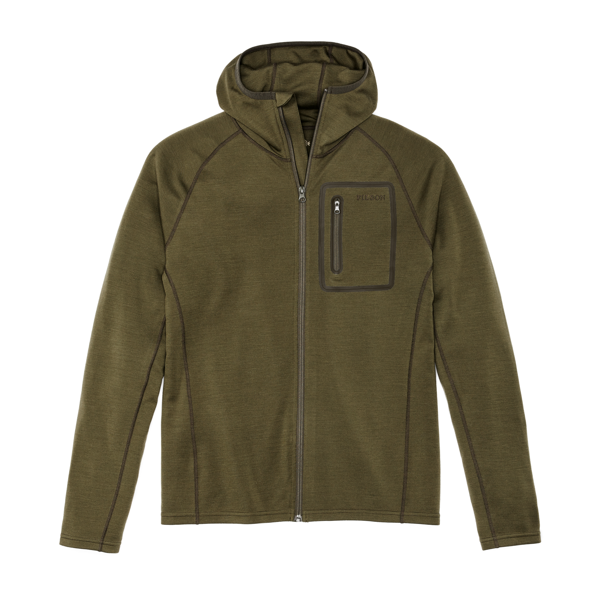 Front-facing image of the Filson 400g Merino Wool Hoodie - Dark Olive