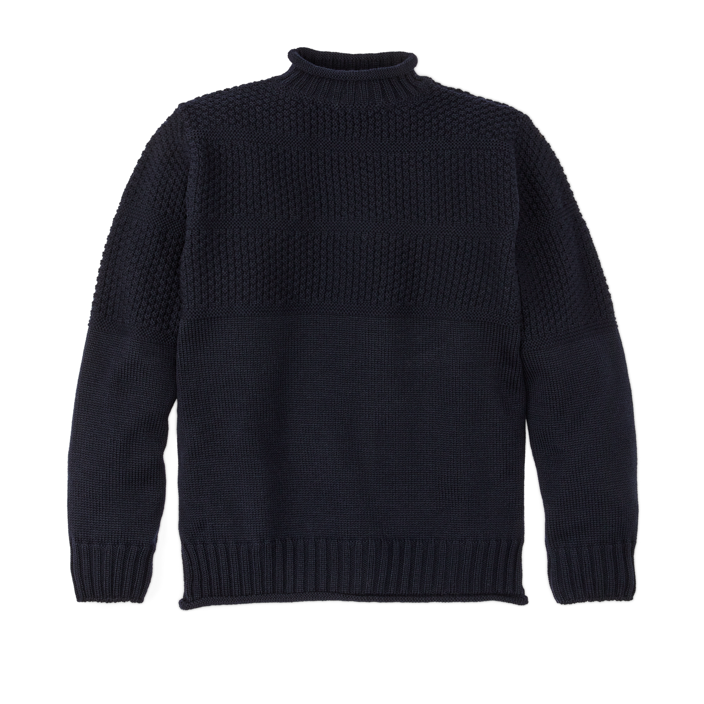 Front-facing image of the Filson Wool Roll Neck Fisherman's Sweater - Navy