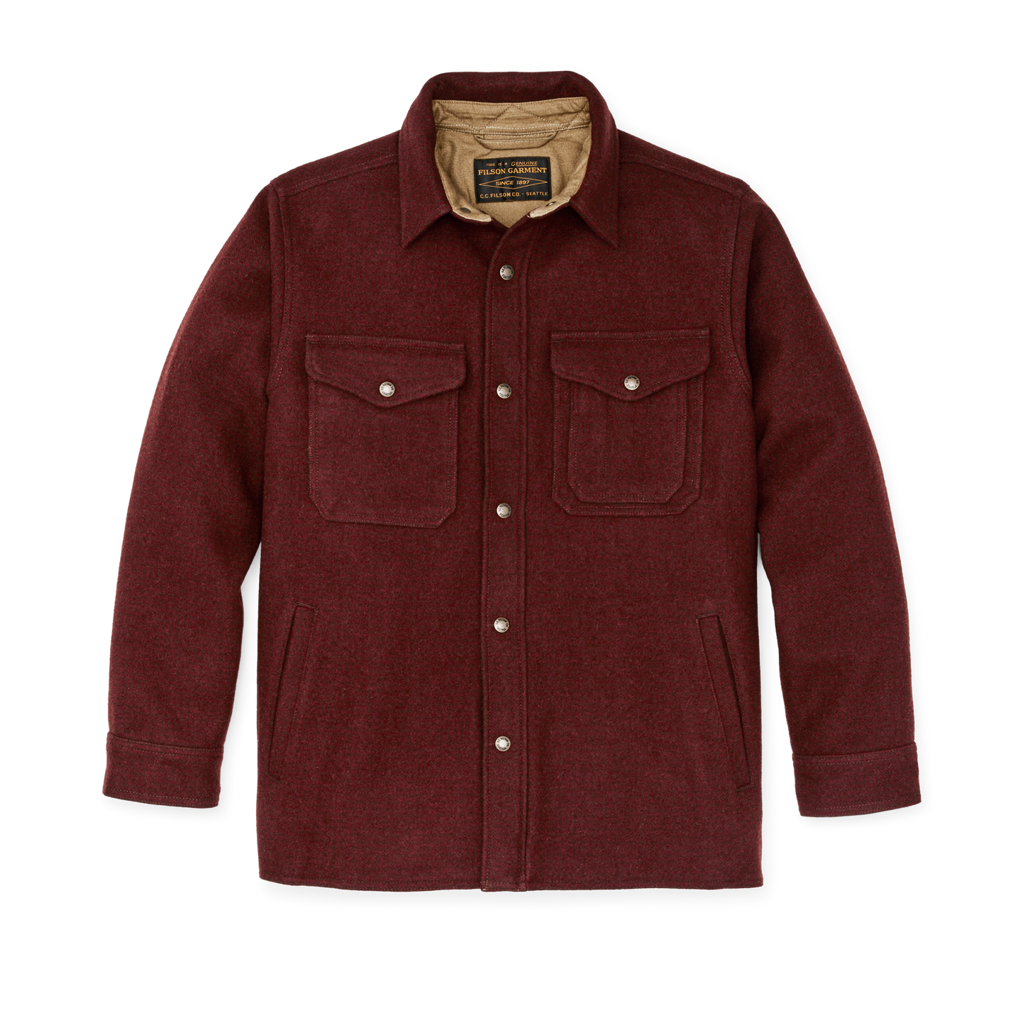 Front-facing image of the Filson Lined Mackinaw Wool Jac-shirt - Dark Red / Black Houndstooth