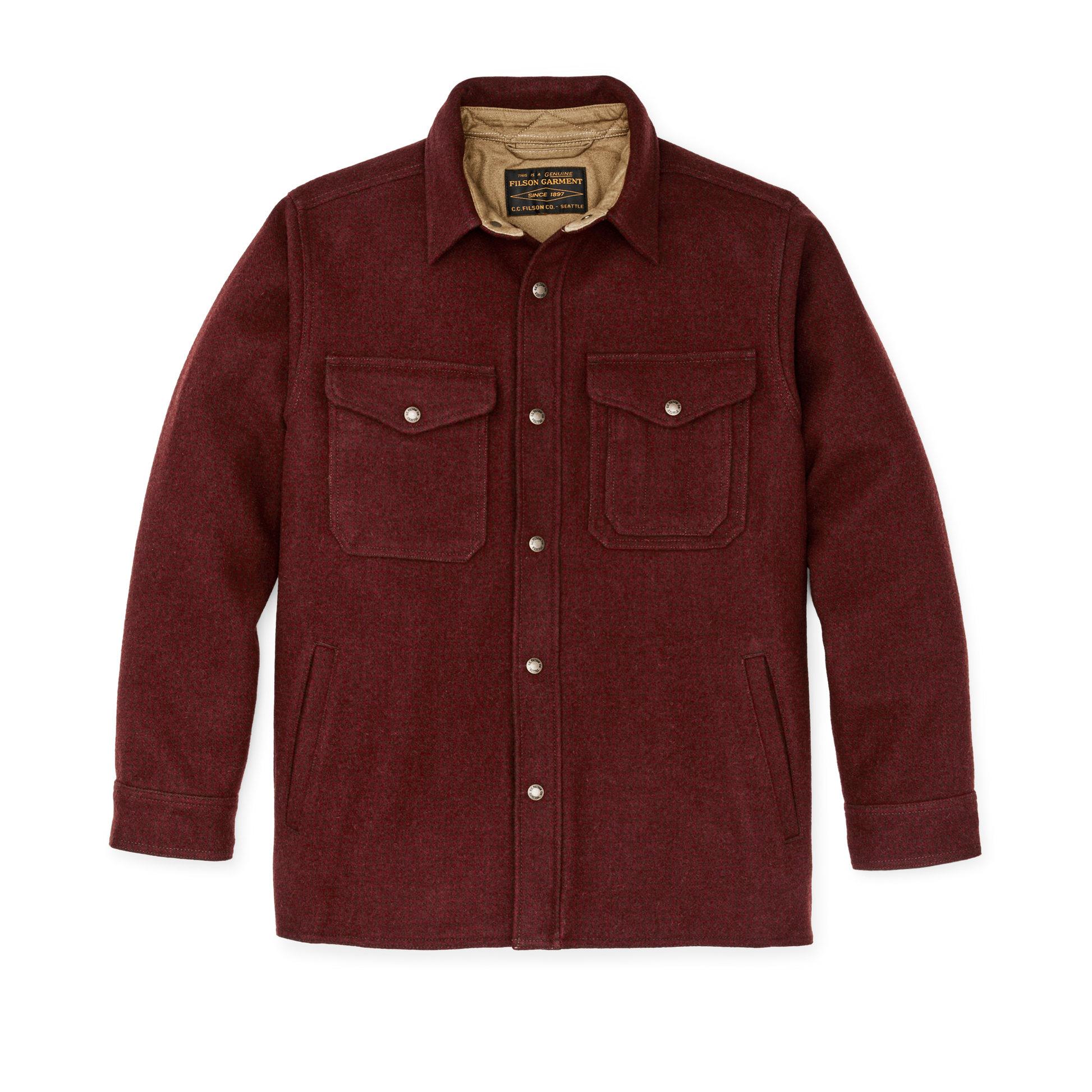 Front-facing image of the Filson Lined Mackinaw Wool Jac-shirt - Dark Red / Black Houndstooth